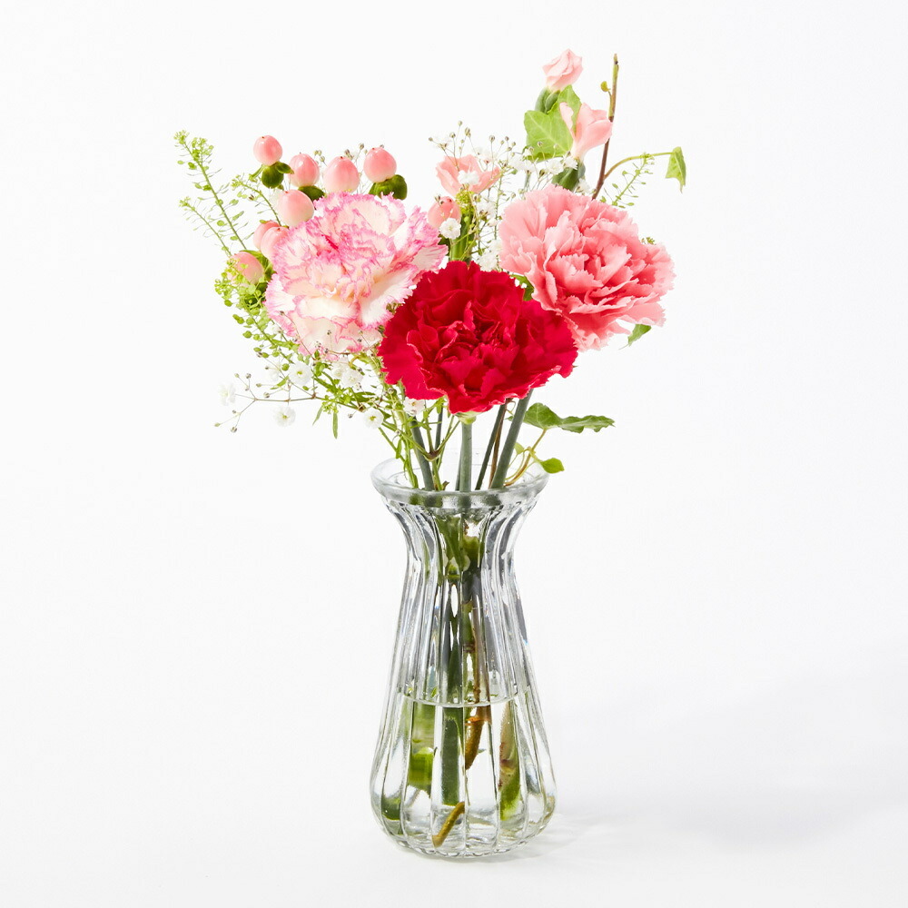 季節のブーケと花瓶のセット(ウェーブグラス) Happy Birthday カード付き