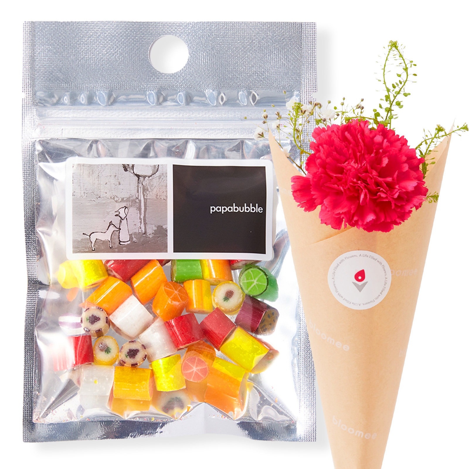 PAPABUBBLE フルーツキャンディーとお花3本セット