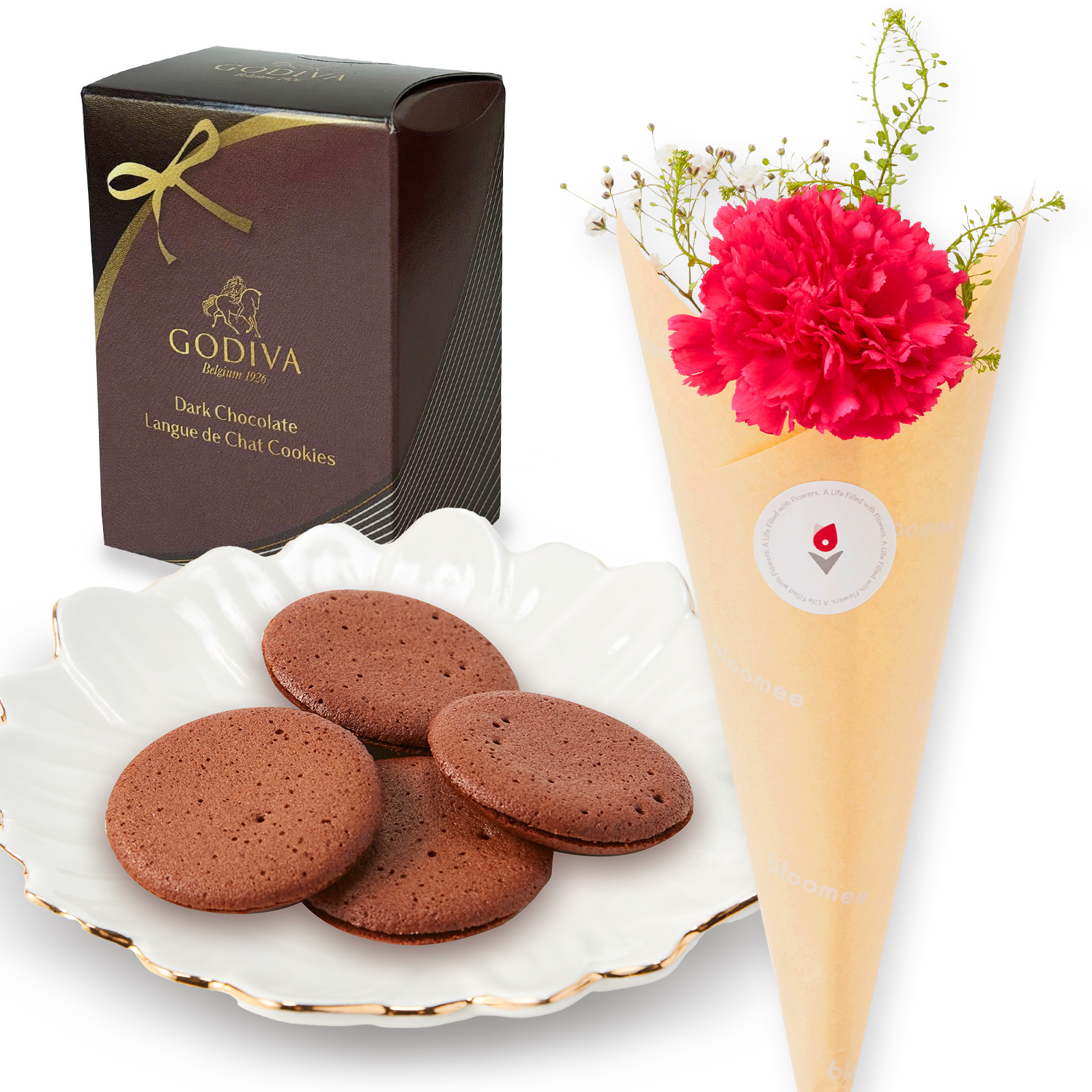 ゴディバ ダークチョコレートクッキーとお花3本ブーケセット【母の日カード付き】