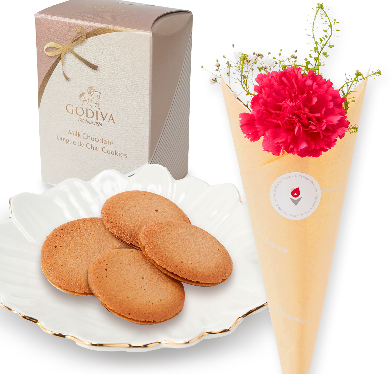 ゴディバ ミルクチョコレートクッキーとお花3本ブーケセット【母の日カード付き】