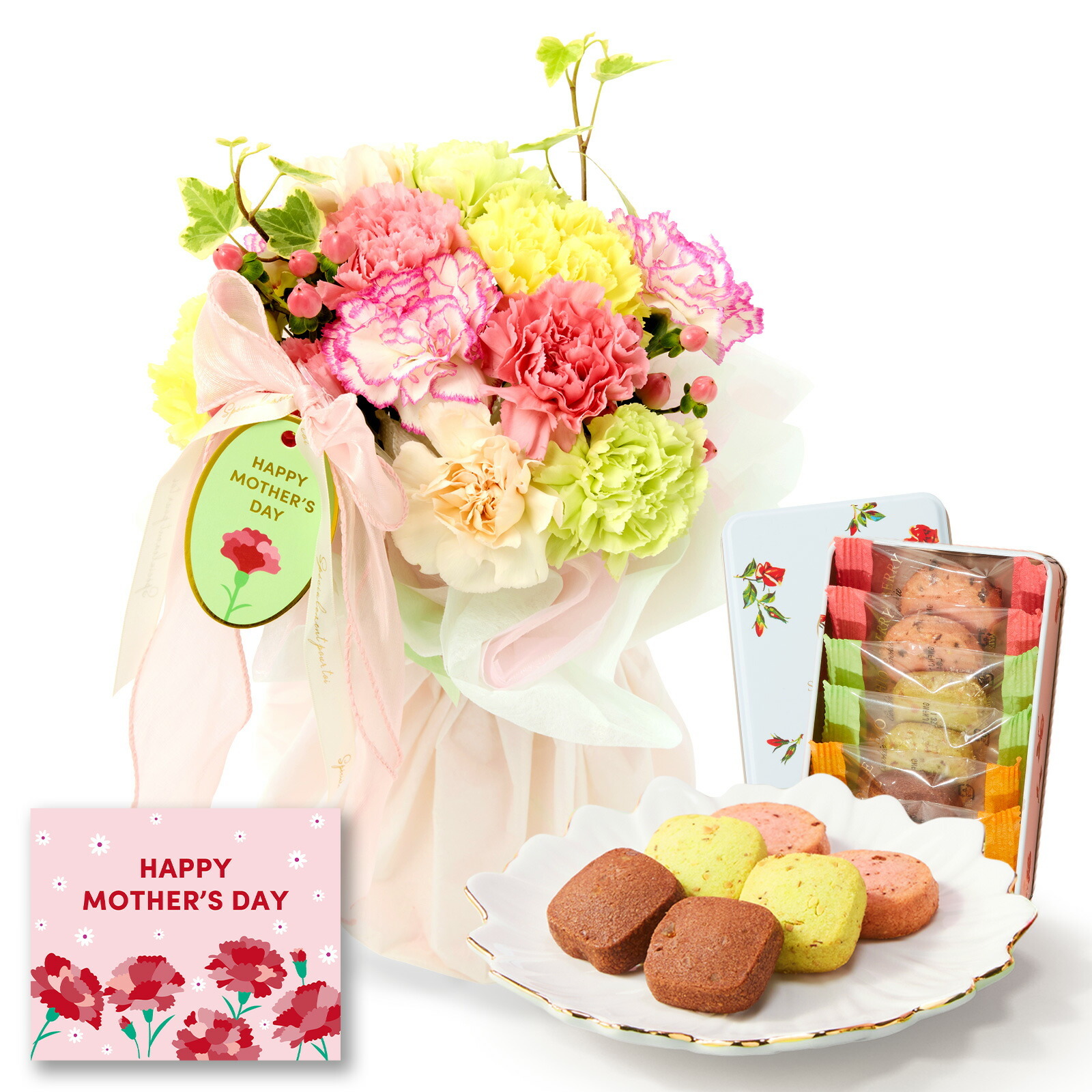 そのまま飾れるブーケ(母の日ver、Mサイズ) と 銀座千疋屋クッキー のセット【母の日カード付き】