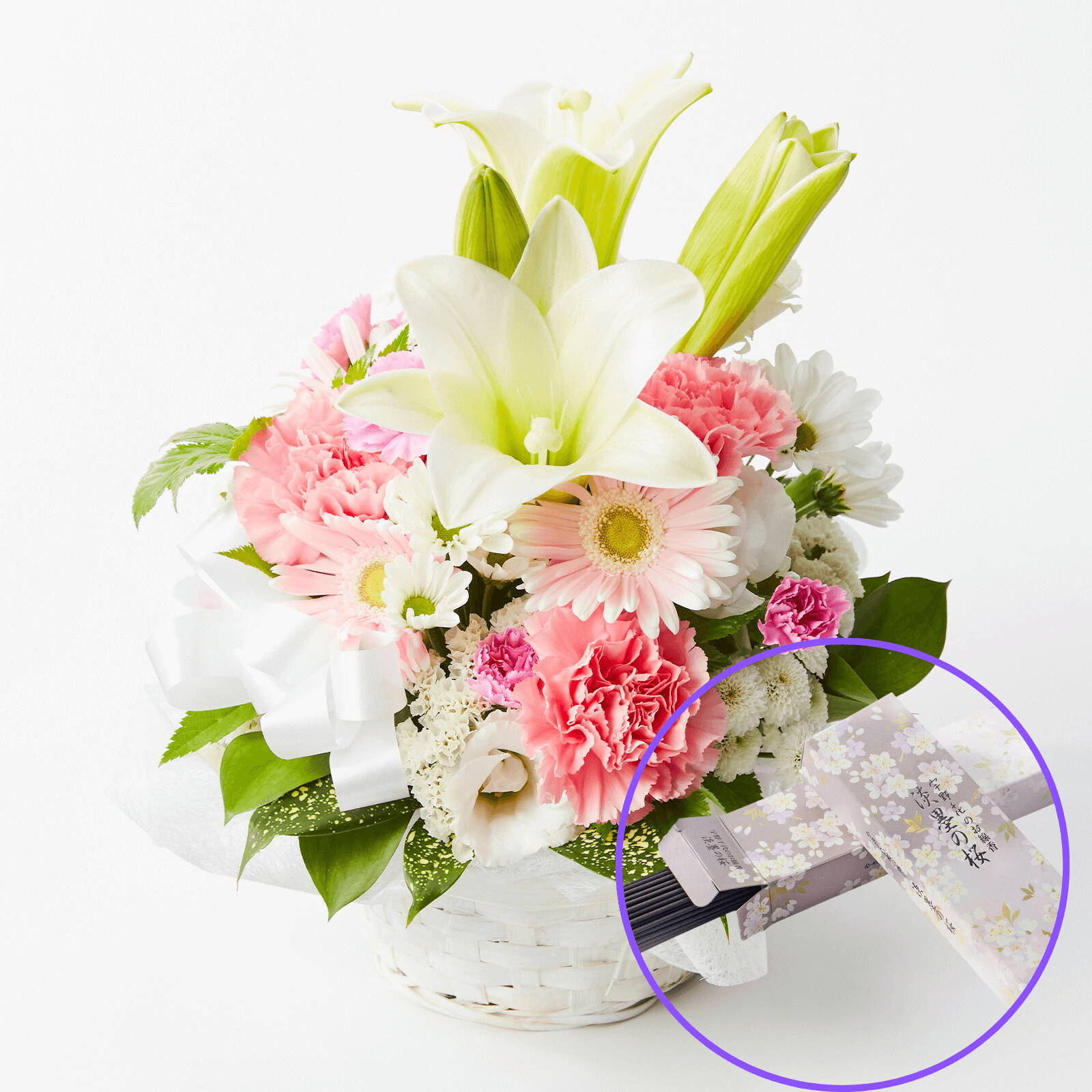 【お悔やみ・お供えの花】線香付き　アレンジメント(ピンク) Sサイズ
