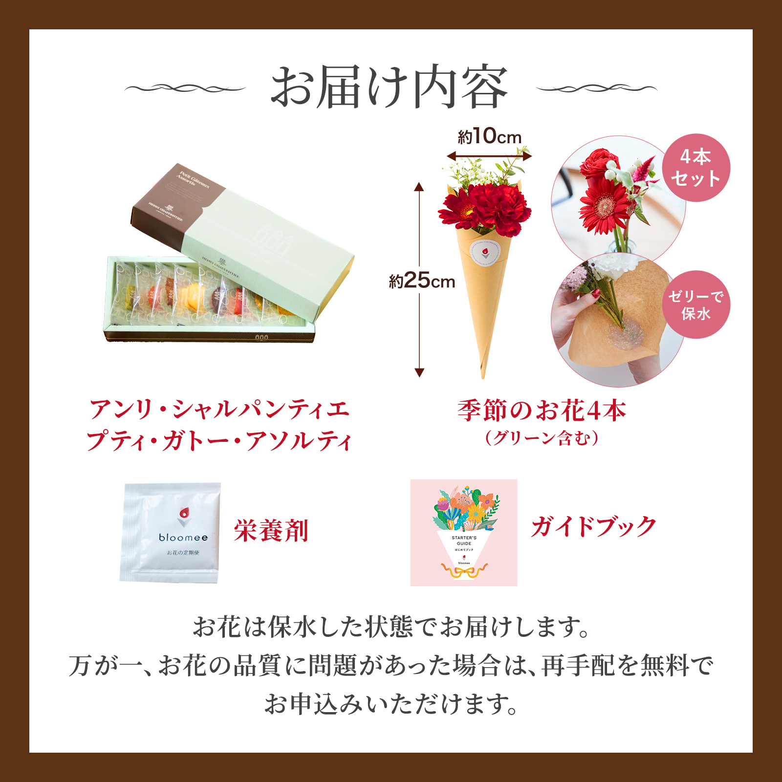 アンリ・シャルパンティエ　プティ・ガトー・アソルティとお花4本セット Happy Birthday カード付き