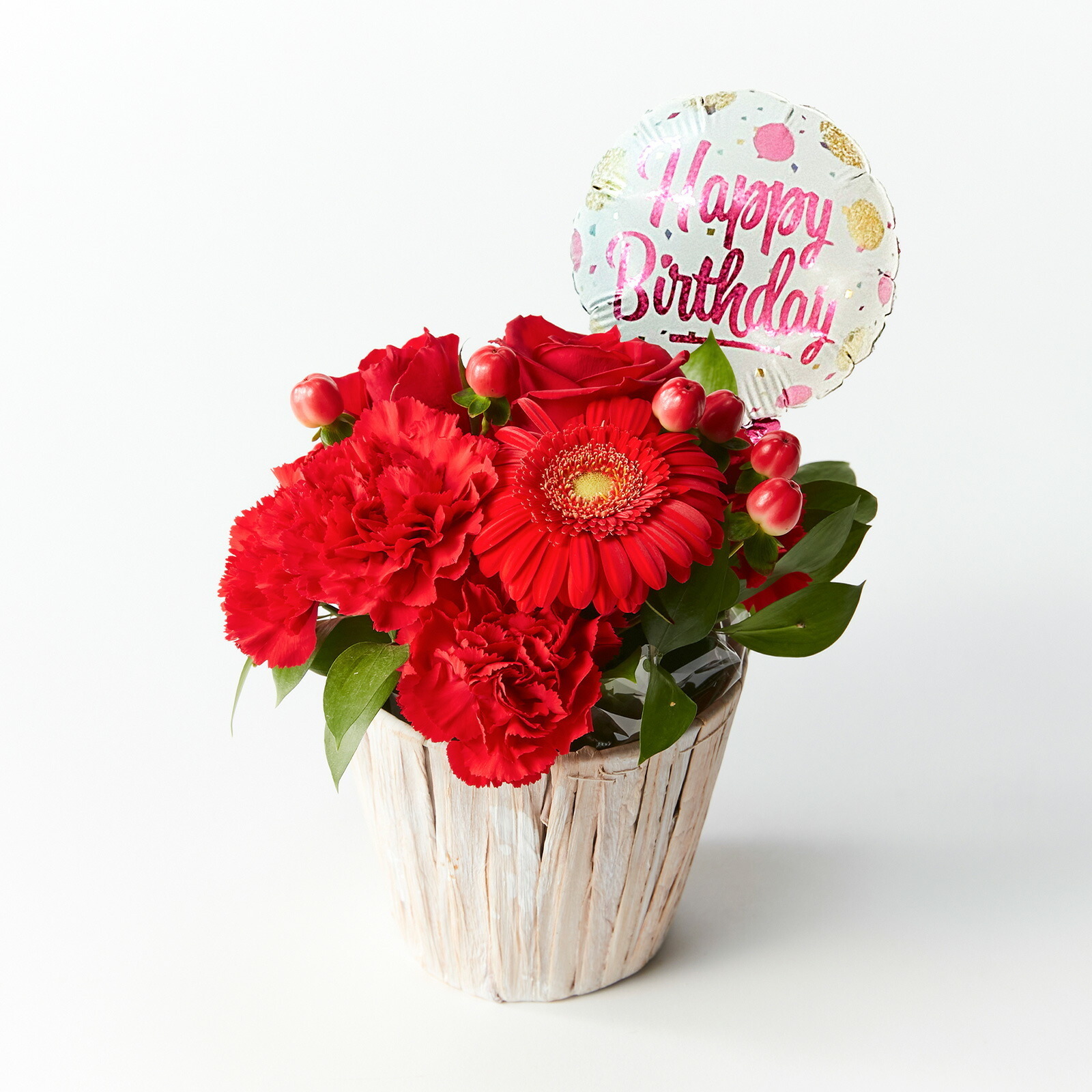 アレンジメント(赤)Sサイズ　Happy Birthdayバルーン付き