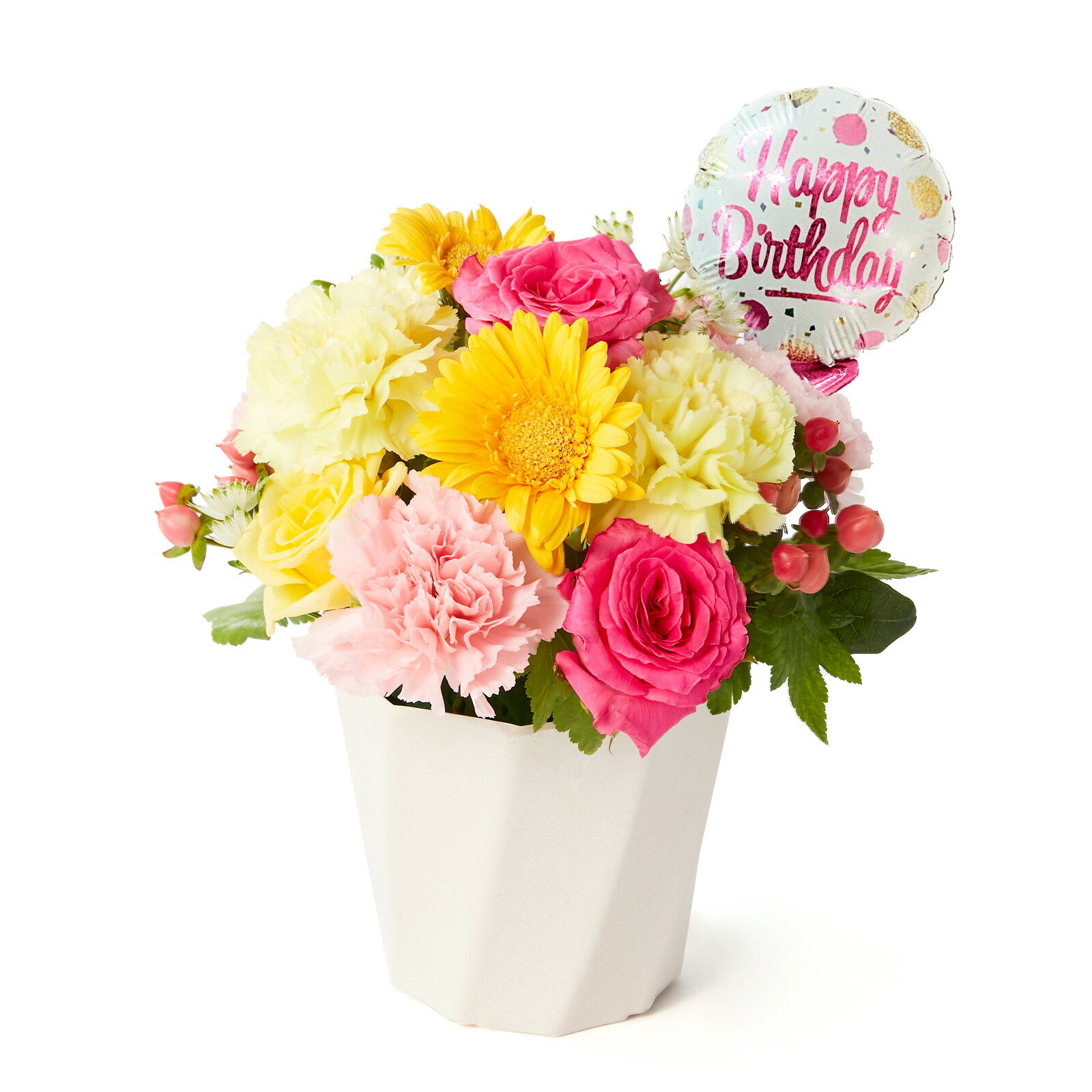 アレンジメント(カラフル)Mサイズ　Happy Birthdayバルーン付き