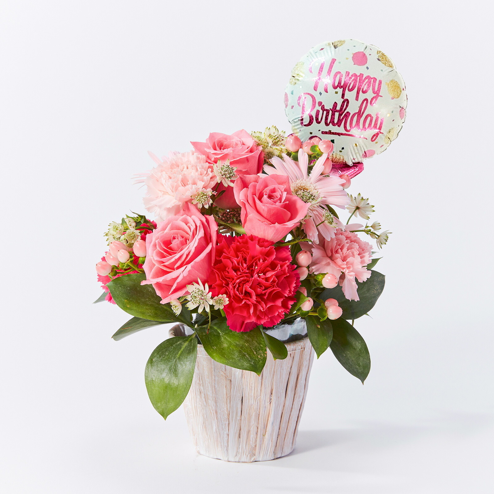 アレンジメント(ピンク)Mサイズ　Happy Birthdayバルーン付き
