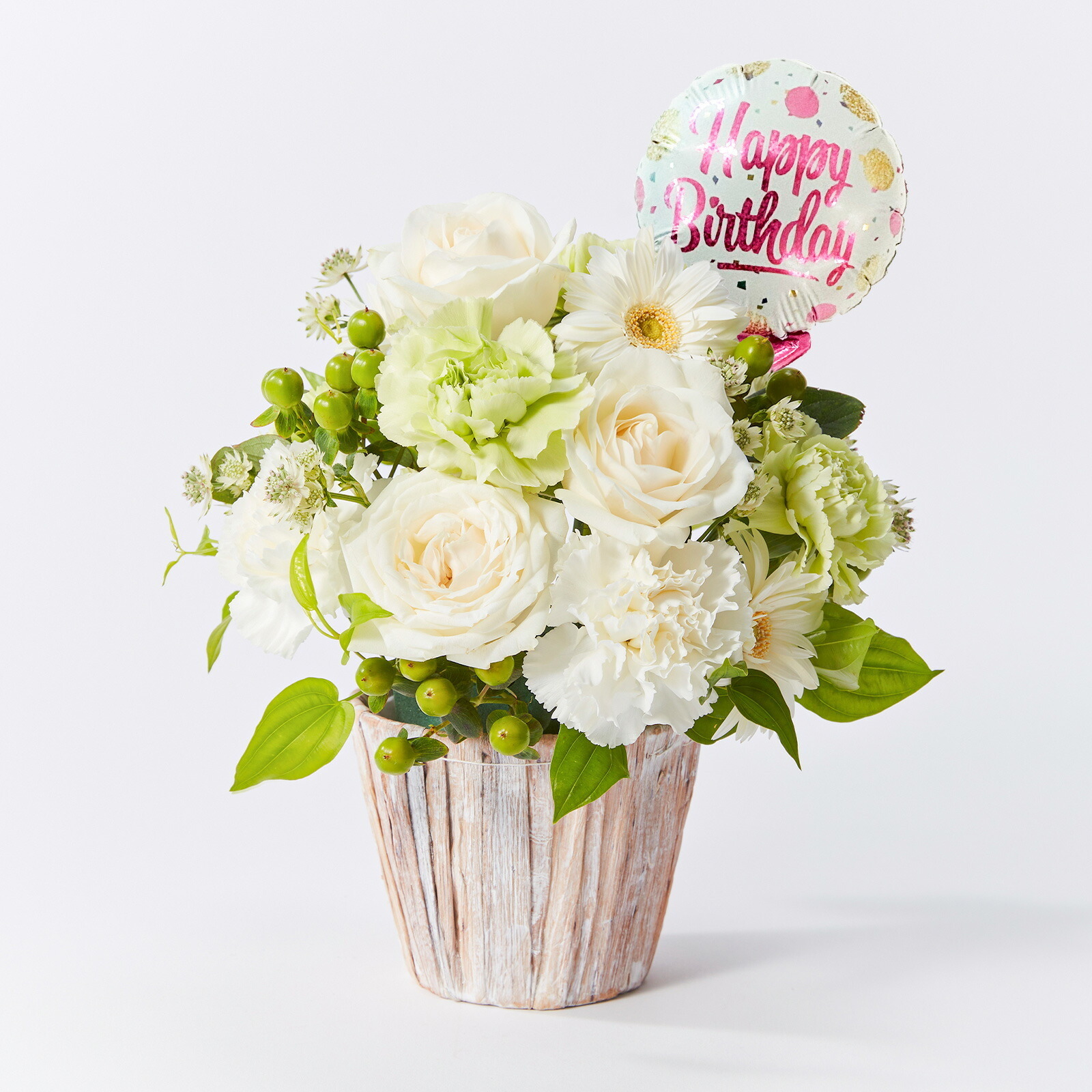 アレンジメント(白)Mサイズ　Happy Birthdayバルーン付き