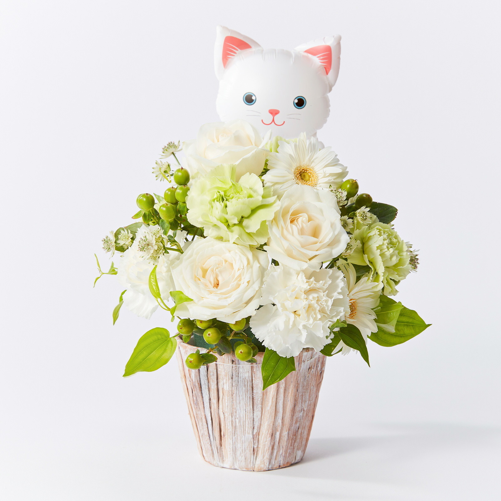 アレンジメント(白)Mサイズ　ねこバルーン付き
