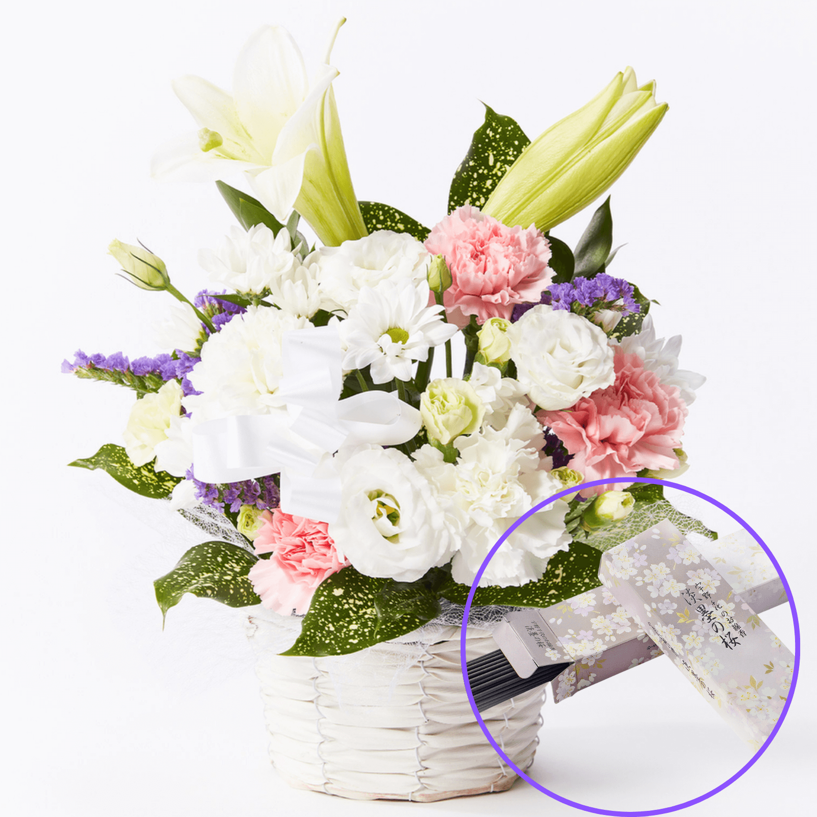 【お悔やみ・お供えの花】線香付き　アレンジメント(おまかせ)Mサイズ　