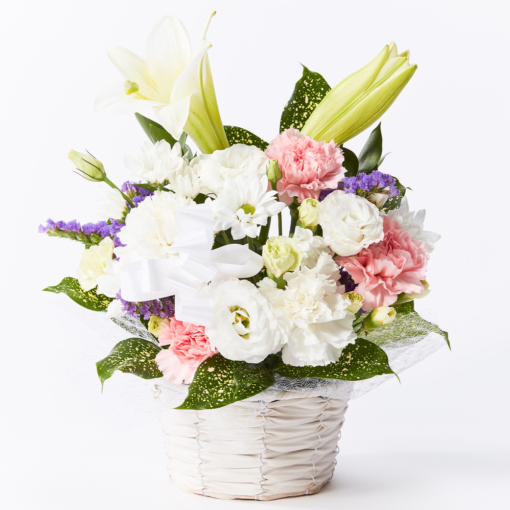 【お悔やみ・お供えの花】線香付き　アレンジメント(おまかせ)Mサイズ　お悔やみ(ご遺族へ)カードカード
