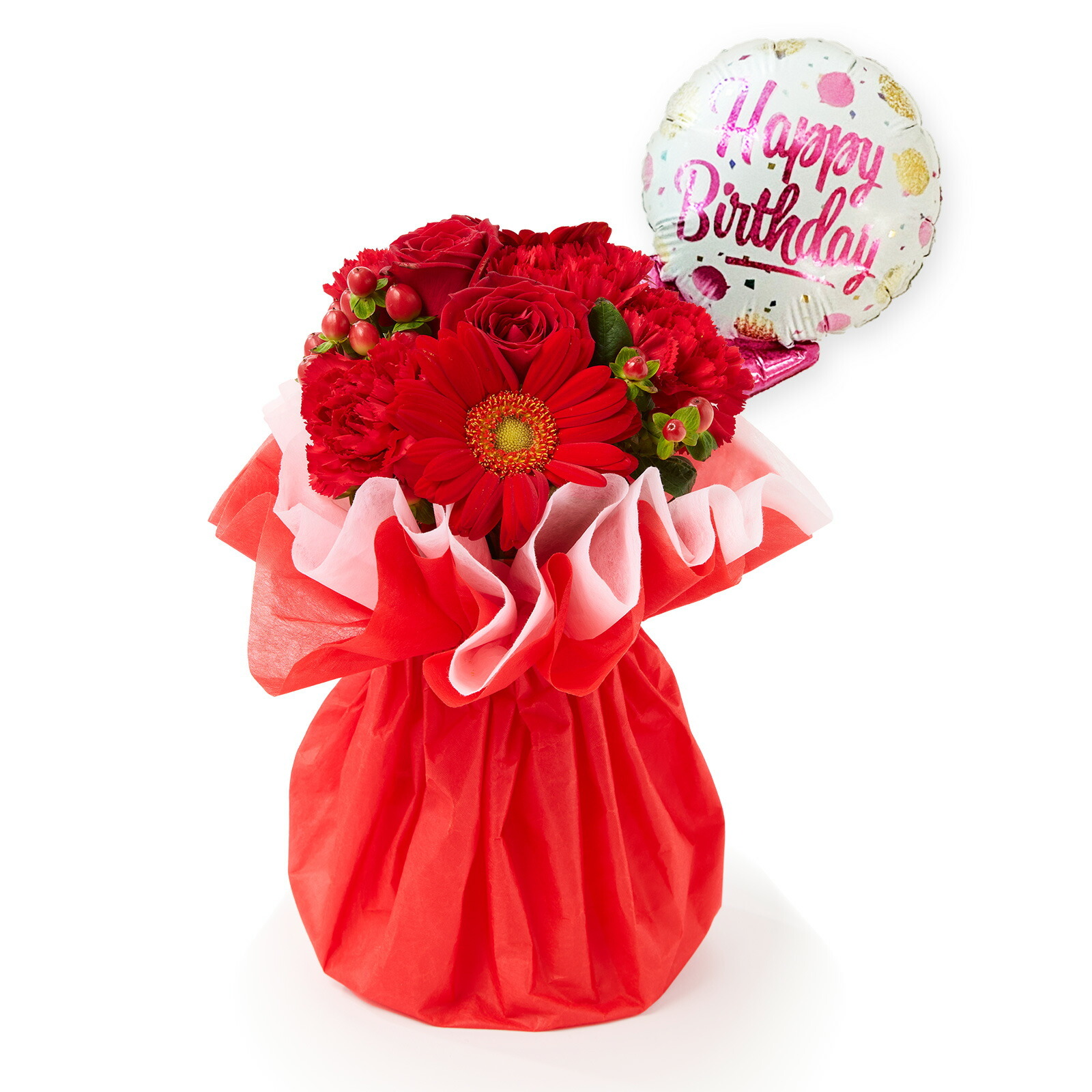 そのまま飾れるブーケ(赤色、Sサイズ) Happy Birthdayバルーン付き