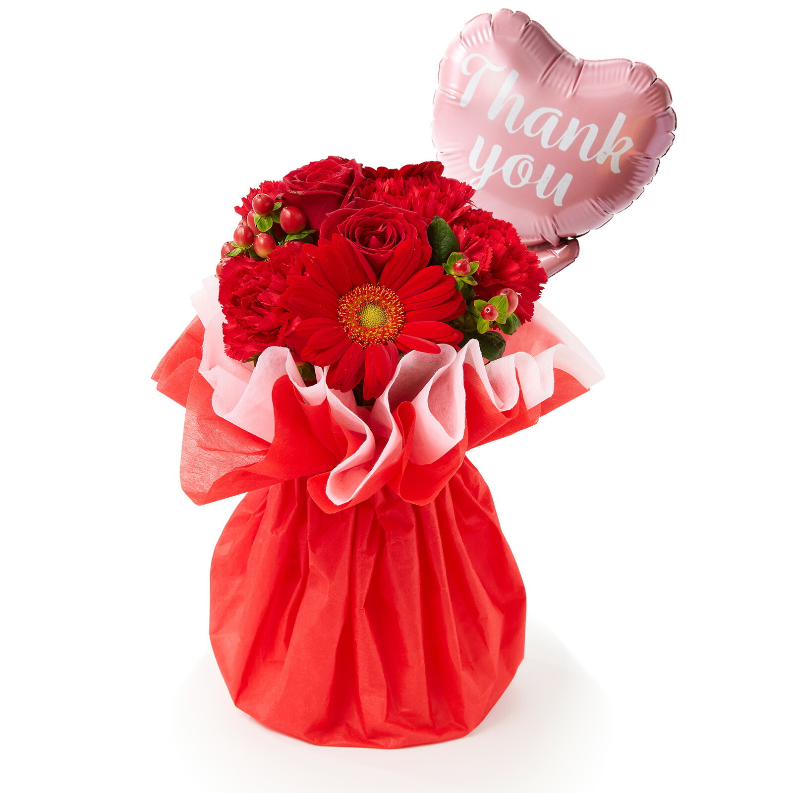 そのまま飾れるブーケ(赤色、Sサイズ) Thank youバルーン付き