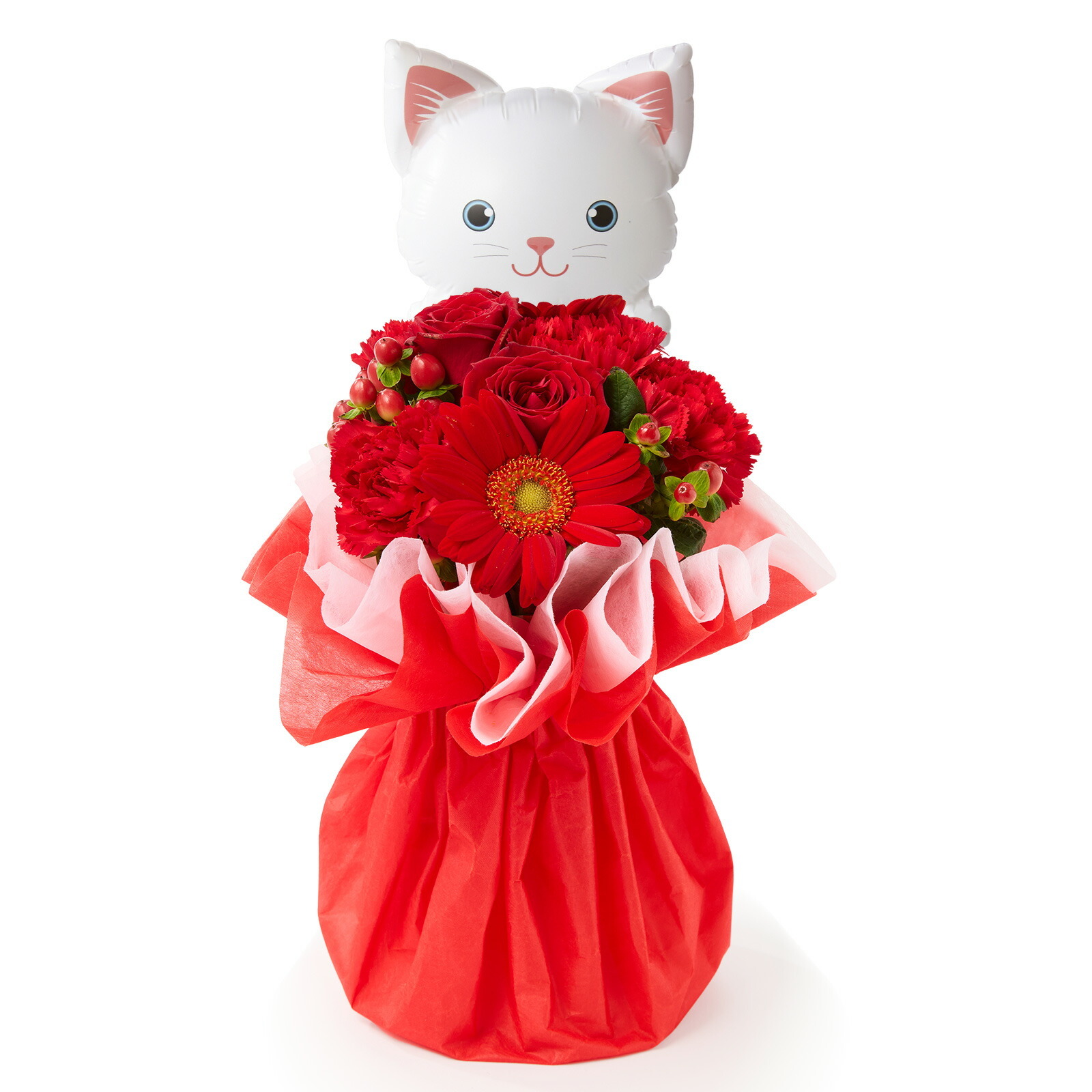 そのまま飾れるブーケ(赤色、Sサイズ) ねこバルーン付き