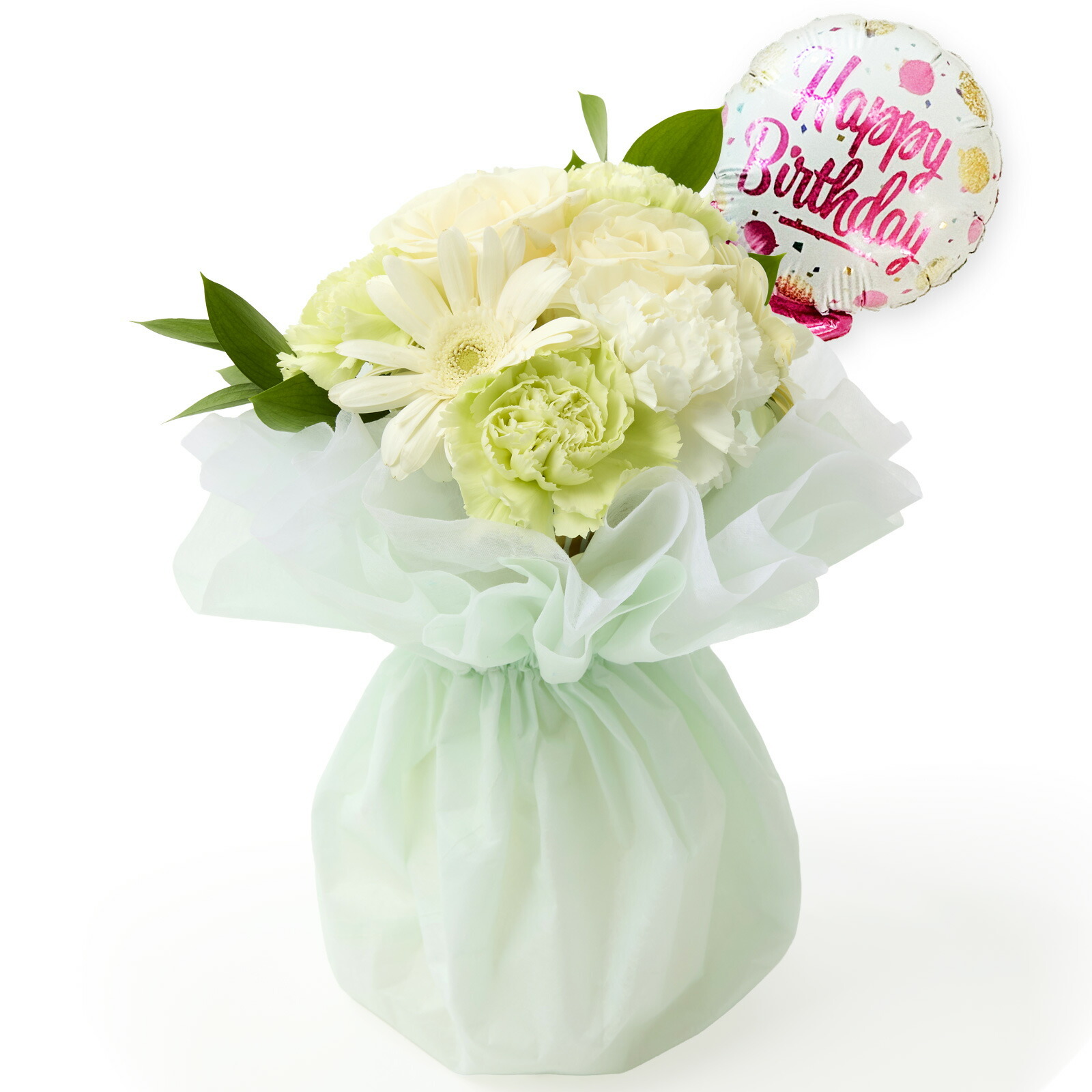 そのまま飾れるブーケ(白色、Sサイズ) Happy Birthdayバルーン付き
