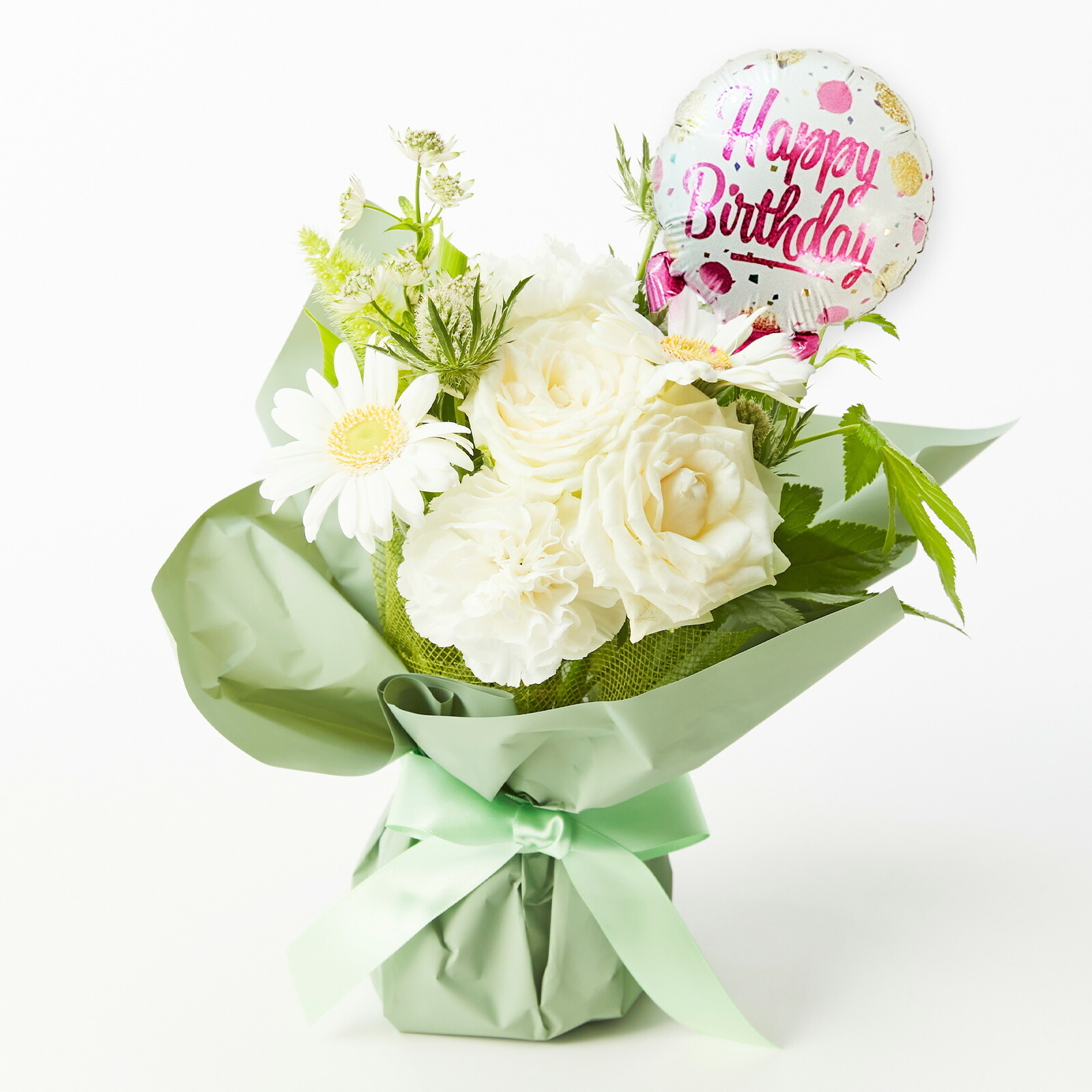 そのまま飾れるブーケ(白)Sサイズ　Happy Birthdayバルーン付き