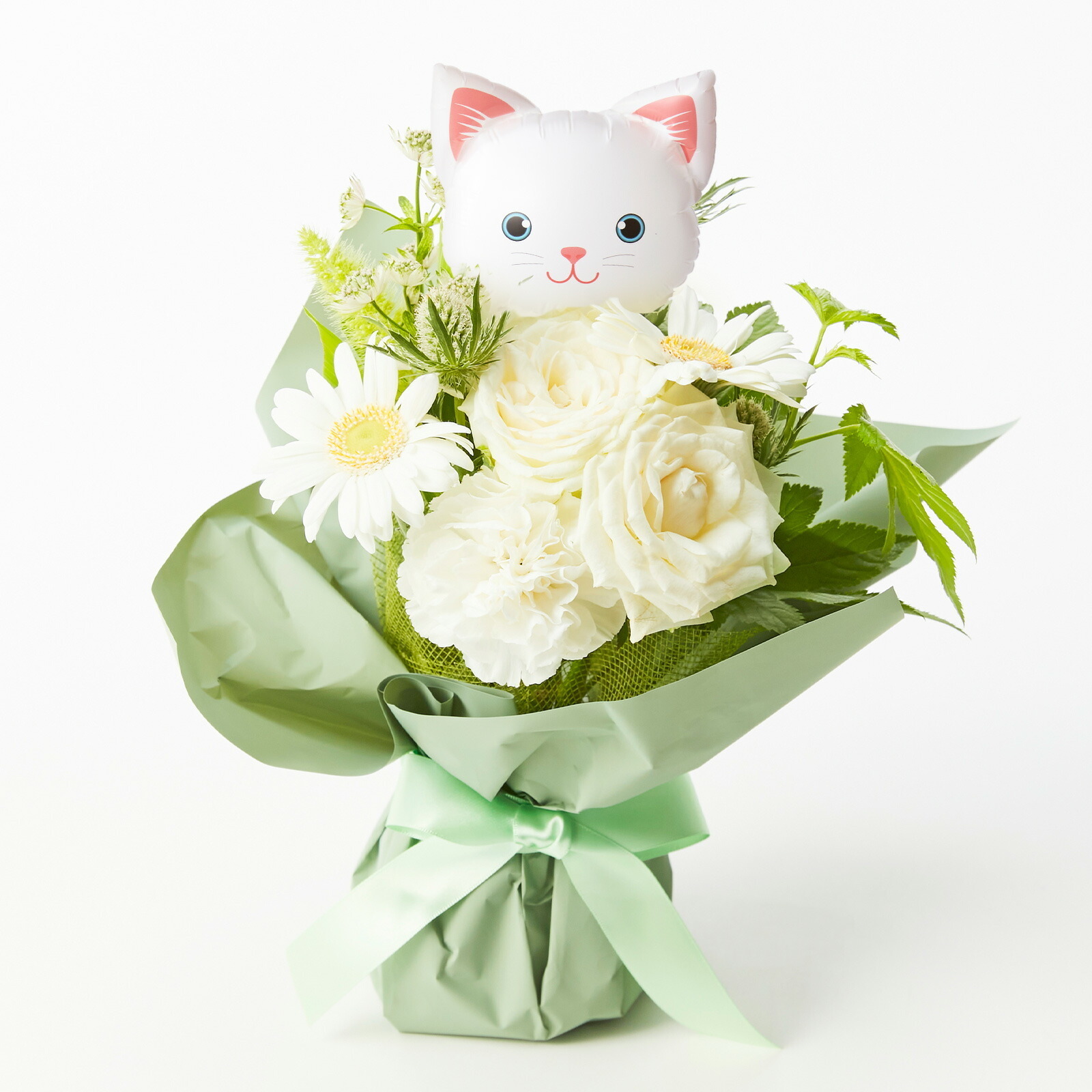 そのまま飾れるブーケ(白)Sサイズ　ねこバルーン付き
