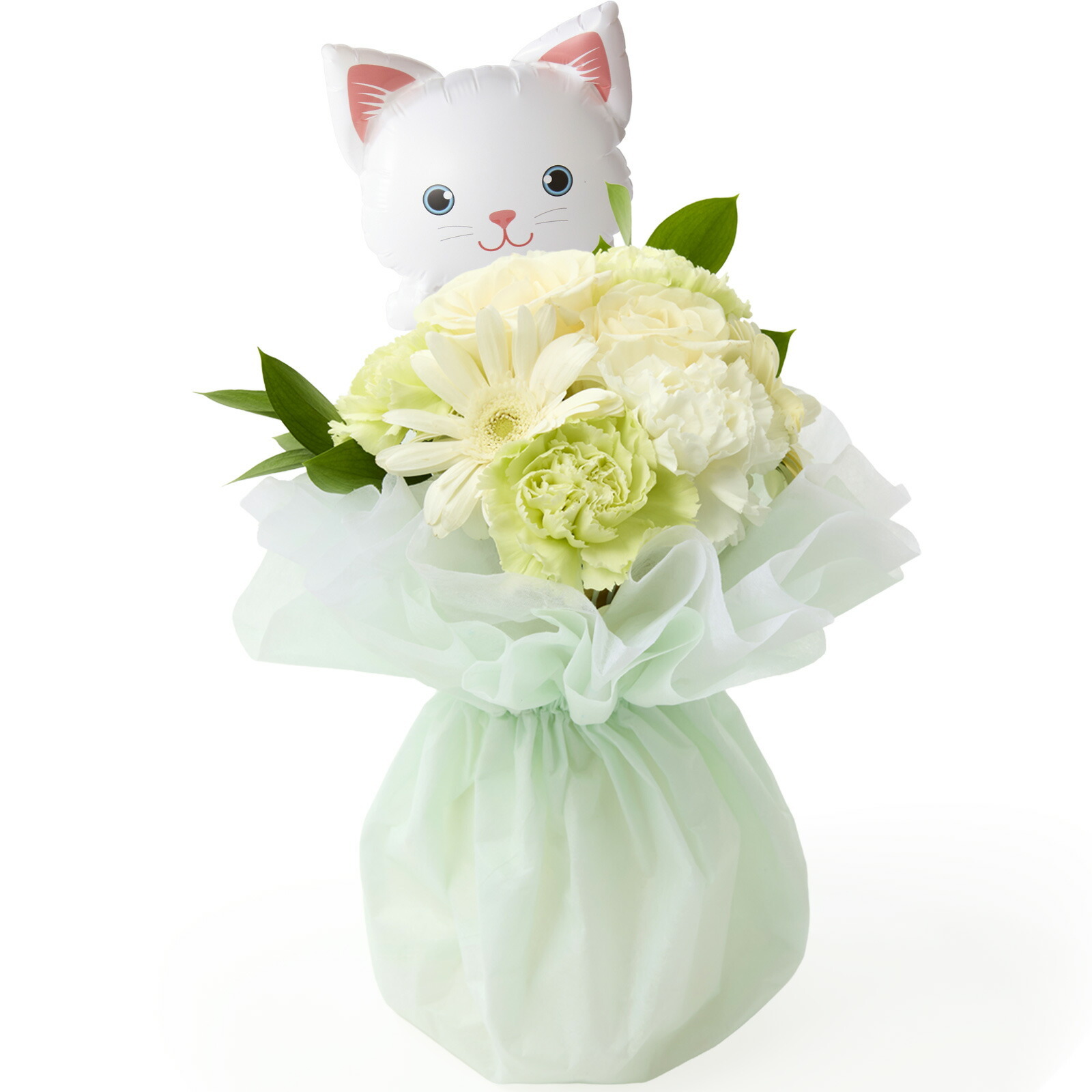 そのまま飾れるブーケ(白色、Sサイズ) ねこバルーン付き