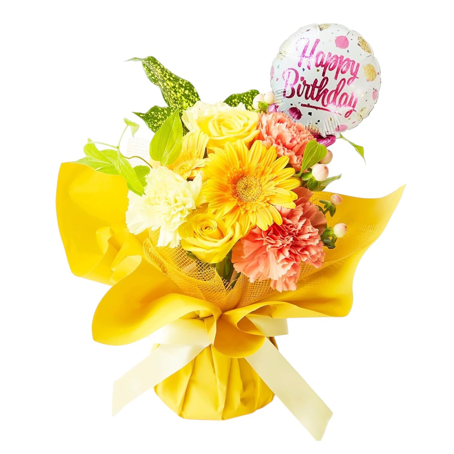 そのまま飾れるブーケ(黄色、Sサイズ) Happy Birthdayバルーン付き