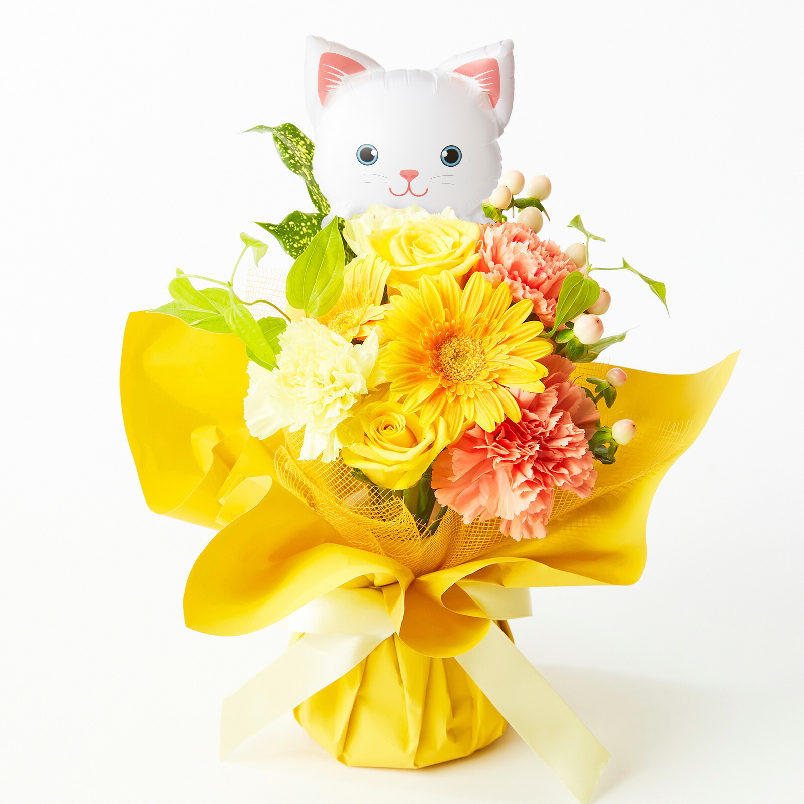 そのまま飾れるブーケ(黄)Sサイズ　ねこバルーン付き