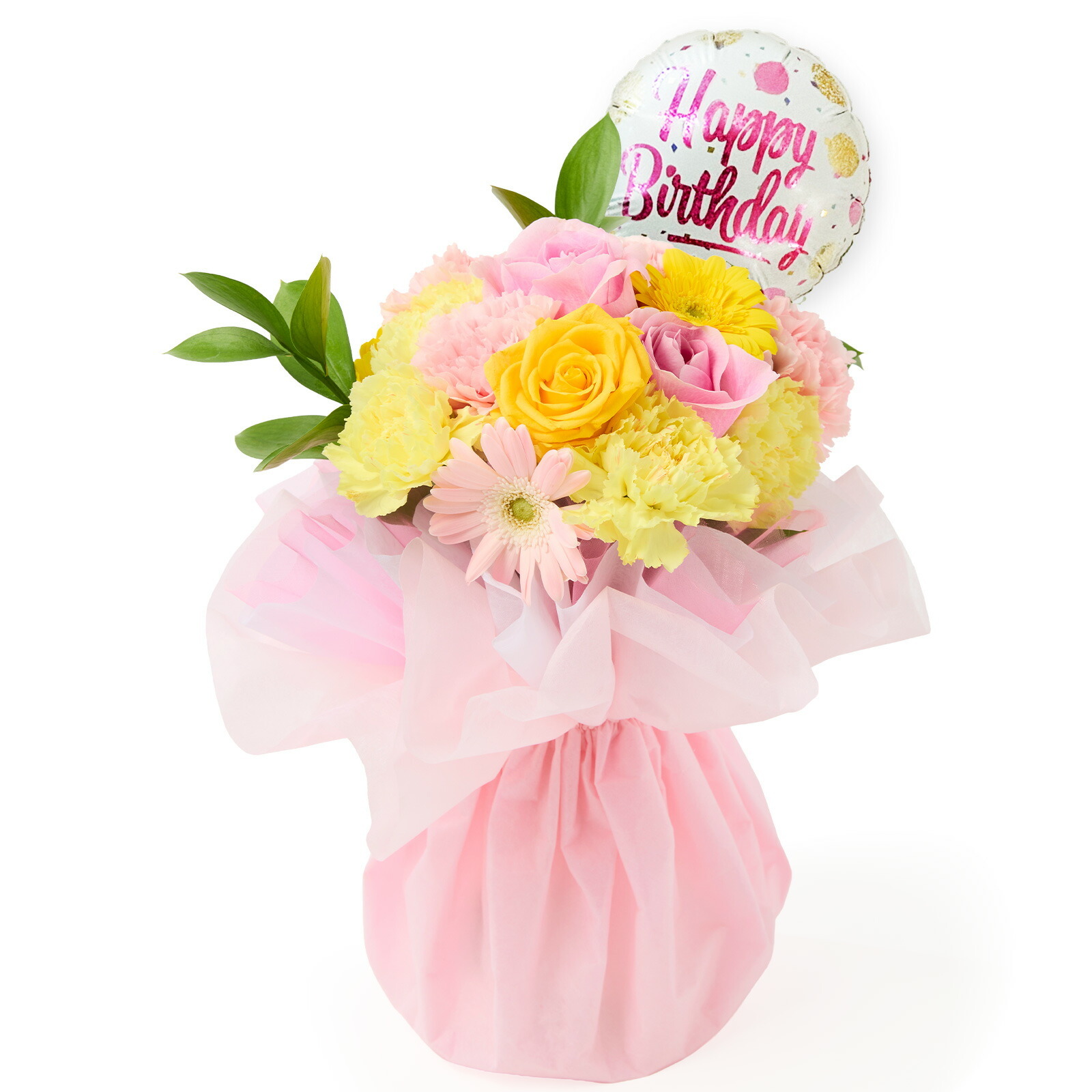 そのまま飾れるブーケ(カラフル、Mサイズ) Happy Birthdayバルーン付き