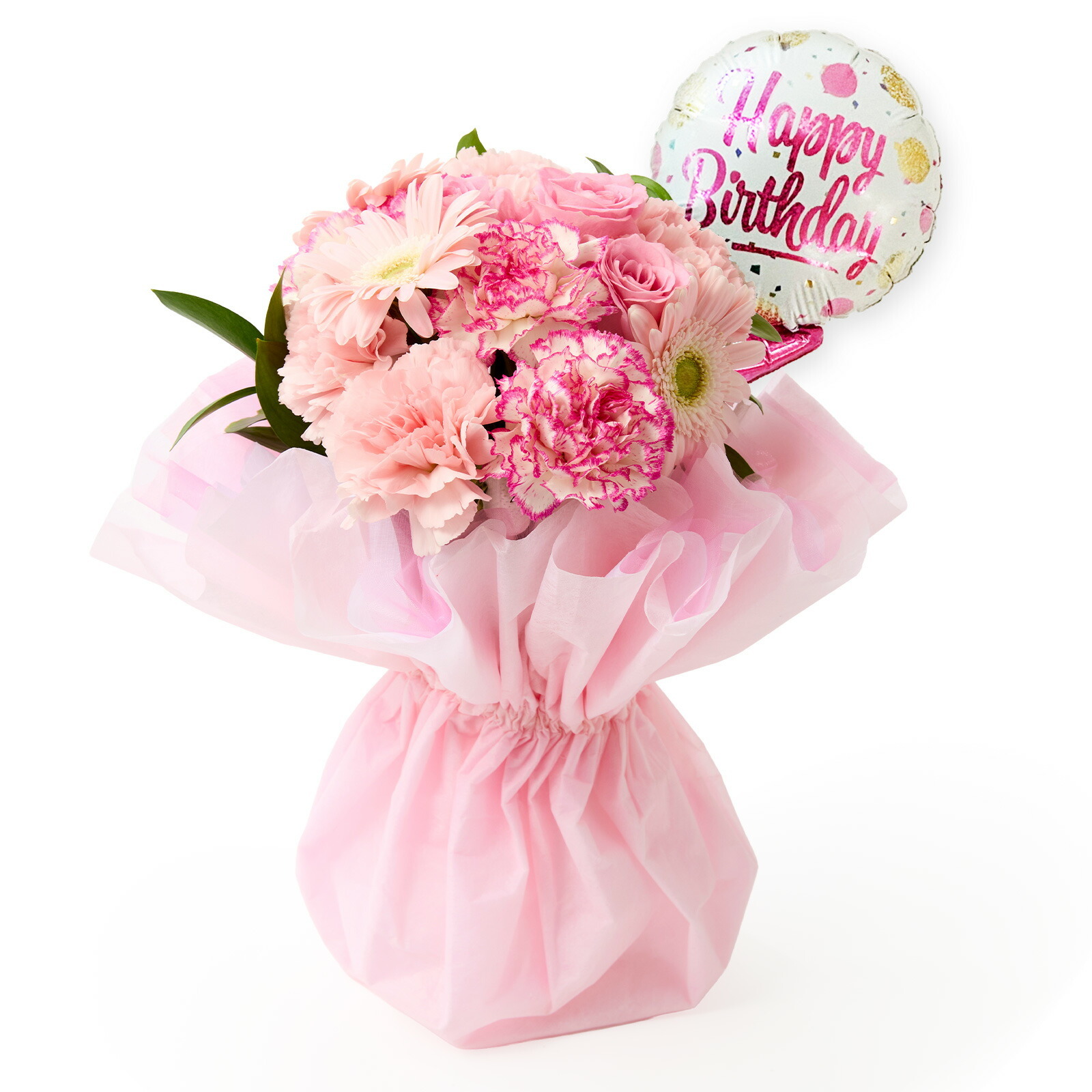 そのまま飾れるブーケ(ピンク、Mサイズ) Happy Birthdayバルーン付き