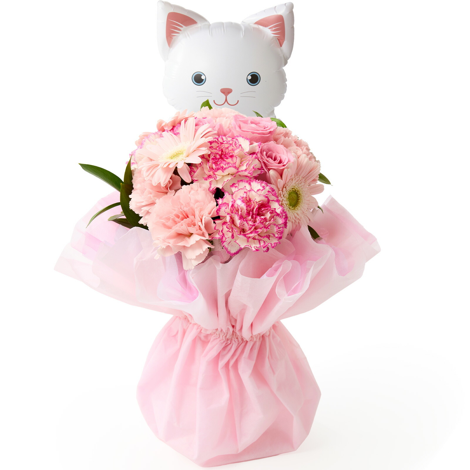 そのまま飾れるブーケ(ピンク、Mサイズ) ねこバルーン付き