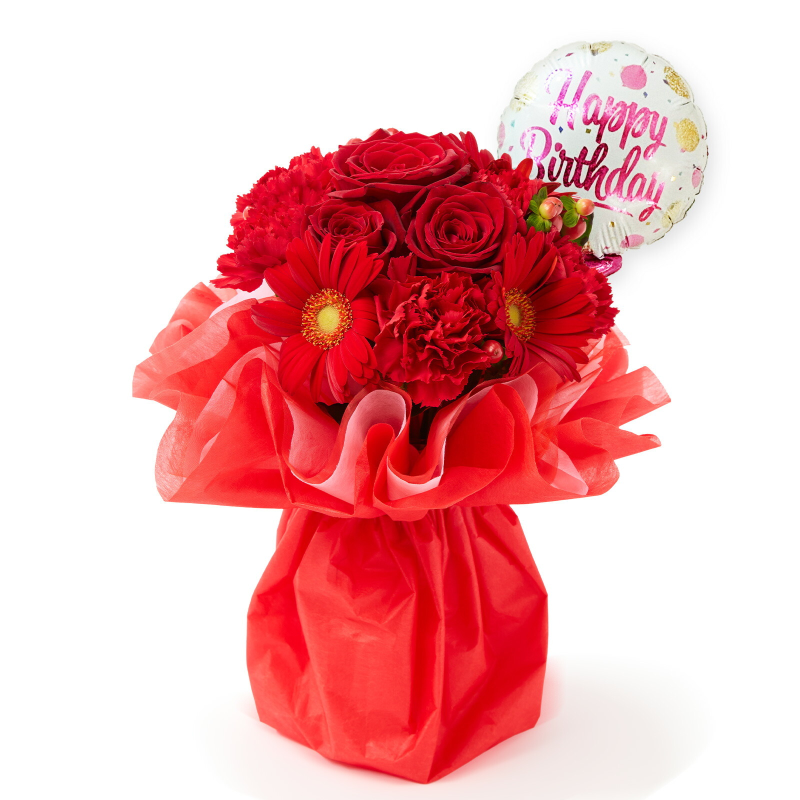 そのまま飾れるブーケ(赤色、Mサイズ) Happy Birthdayバルーン付き