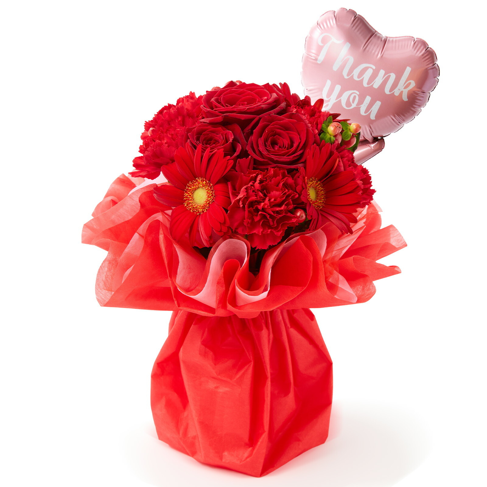 そのまま飾れるブーケ(赤色、Mサイズ) Thank youバルーン付き