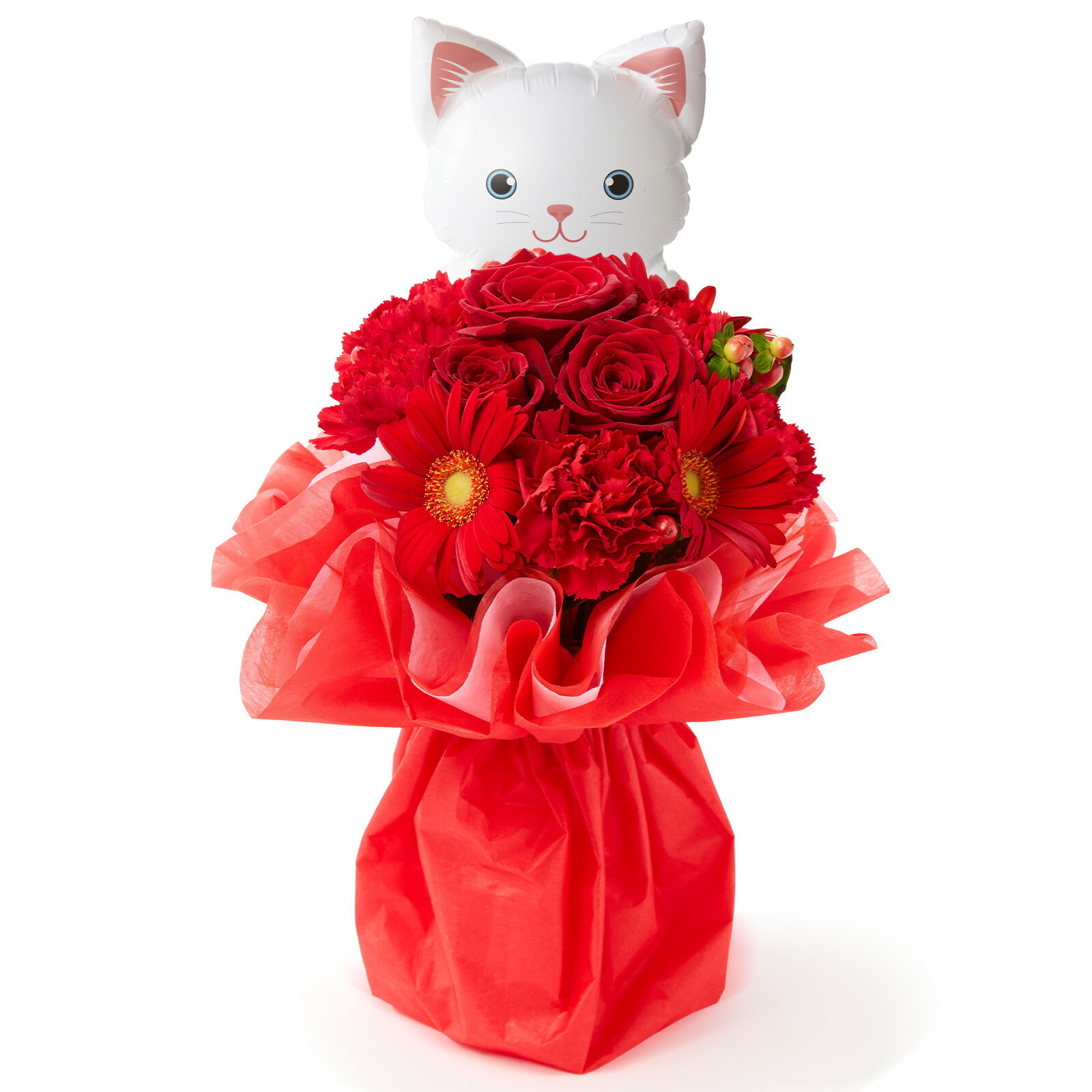 そのまま飾れるブーケ(赤色、Mサイズ) ねこバルーン付き