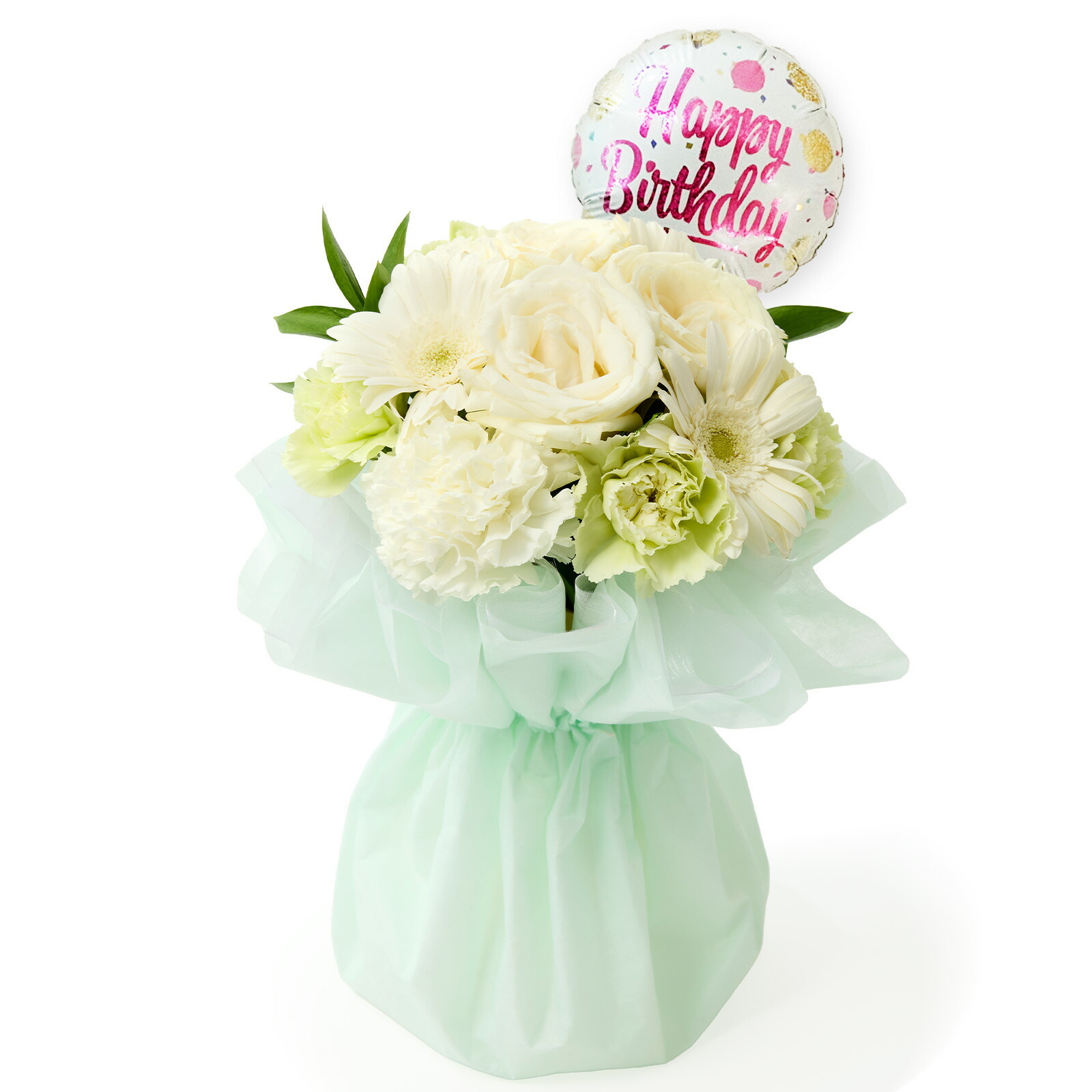 そのまま飾れるブーケ(白色、Mサイズ) Happy Birthdayバルーン付き