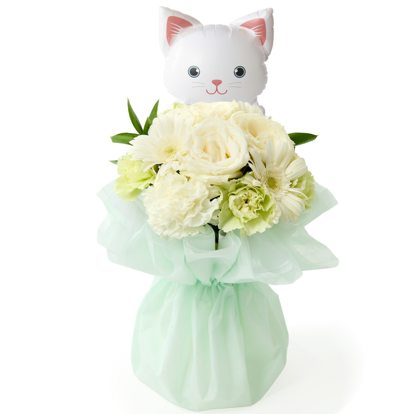 そのまま飾れるブーケ(白色、Mサイズ) ねこバルーン付き