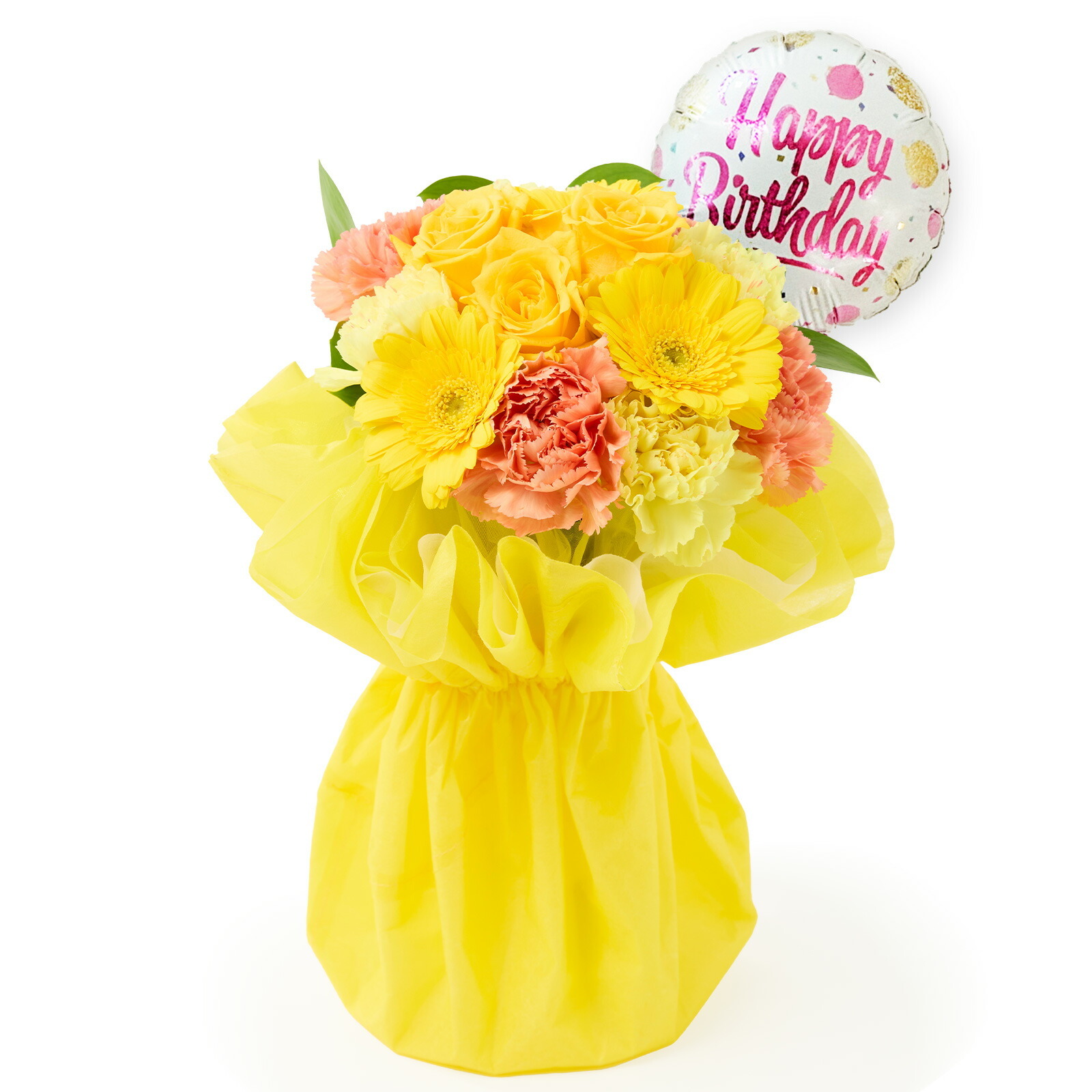 そのまま飾れるブーケ(黄色、Mサイズ) Happy Birthdayバルーン付き