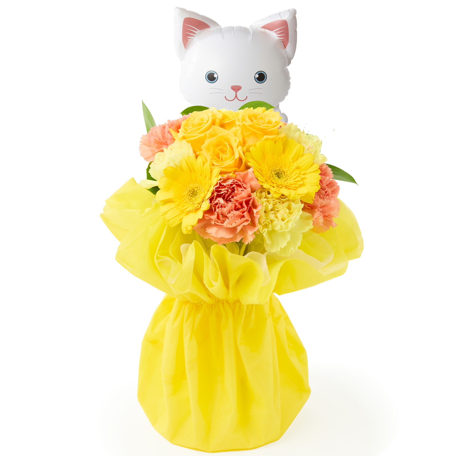 そのまま飾れるブーケ(黄色、Mサイズ) ねこバルーン付き