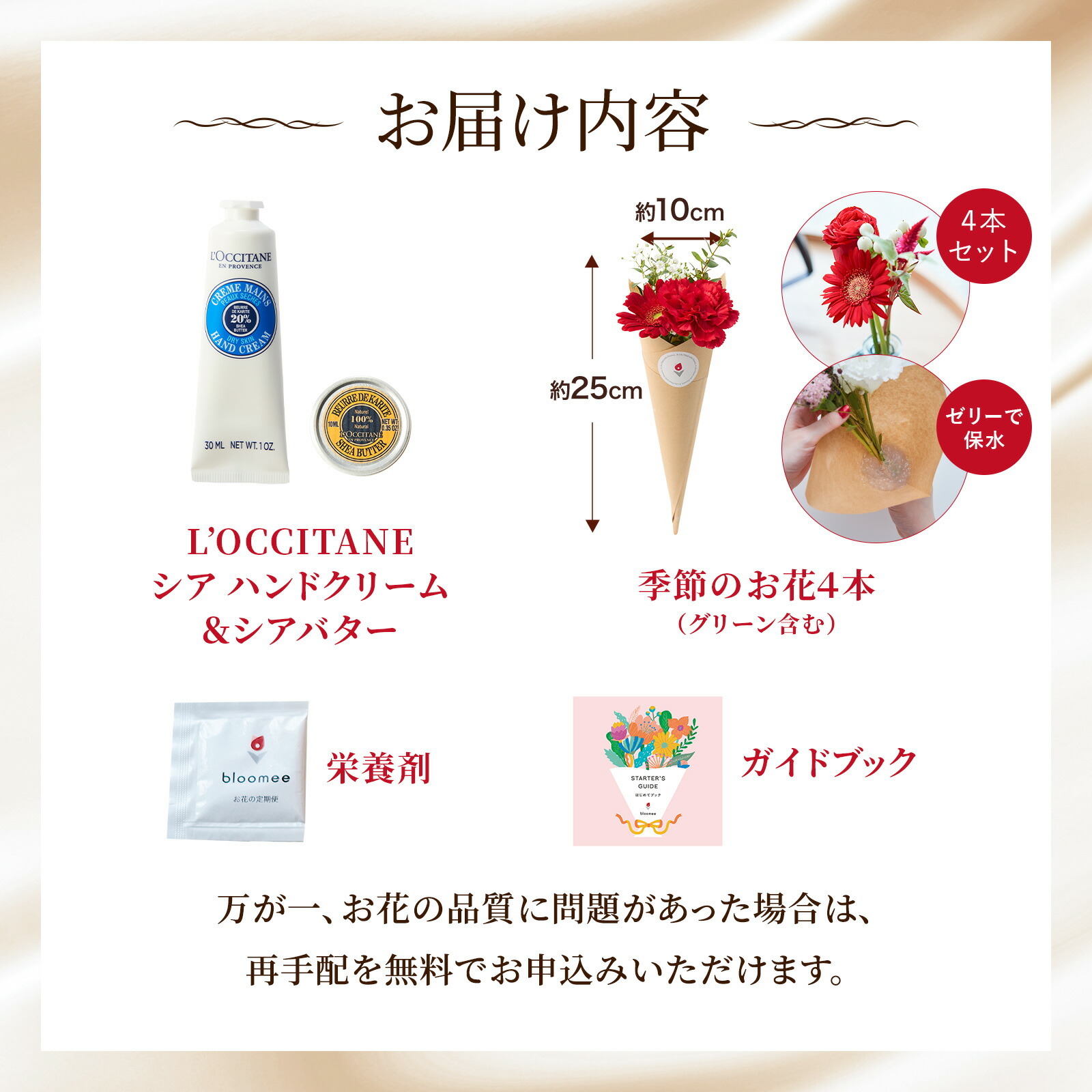 ロクシタン シアハンドクリームとシアバターとお花4本セット Gift for you カード付き