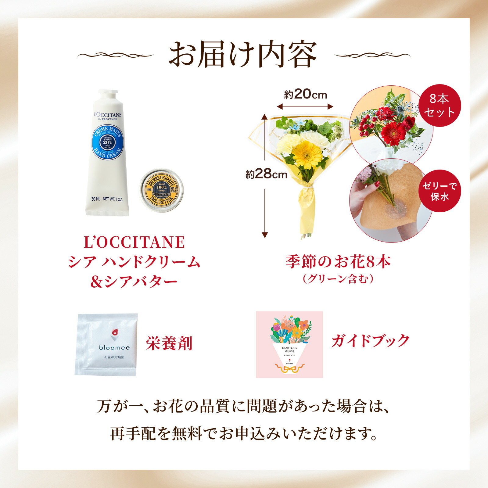 ロクシタン シアハンドクリームとシアバターとお花8本セット Gift for you カード付き