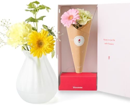 お花4本と花瓶セット(ホワイトマット 丸型)