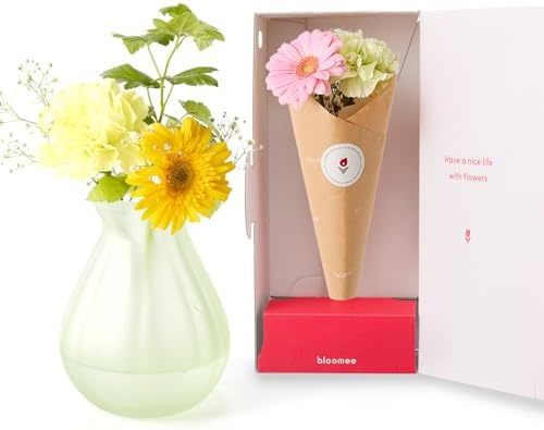 お花4本と花瓶セット(グリーンマット 丸型)　Gift for youカード付き
