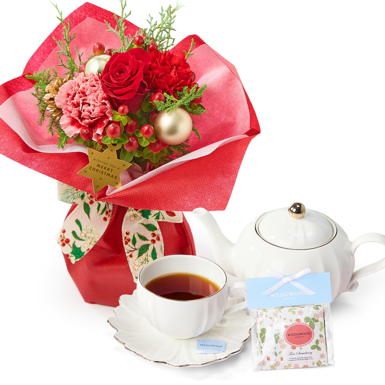 そのまま飾れるブーケ(クリスマスver、Sサイズ) と WEDGWOOD紅茶 のセット