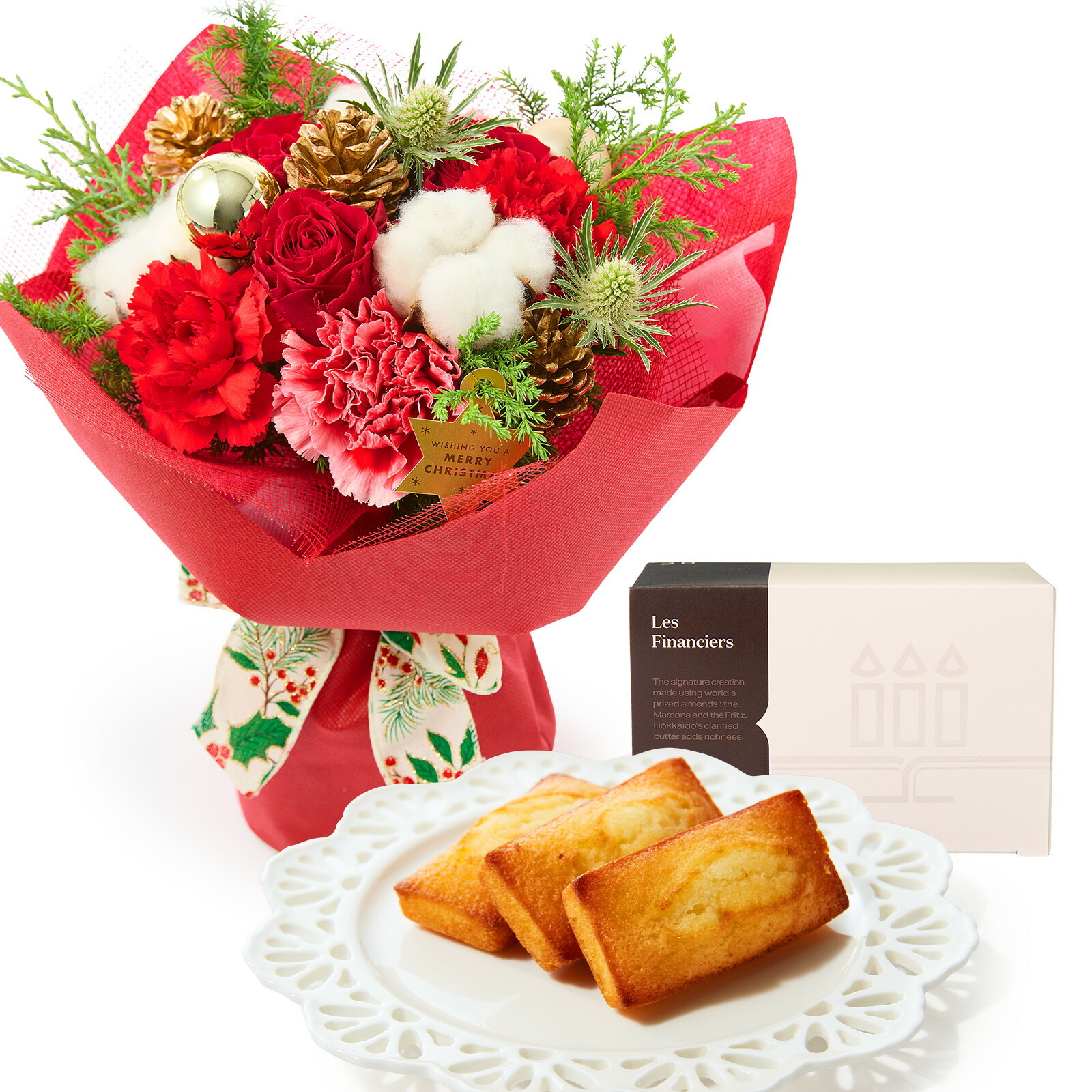 そのまま飾れるブーケ(クリスマスver、Mサイズ) と アンリ・シャルパンティエ フィナンシェ のセット クリスマスカード付き