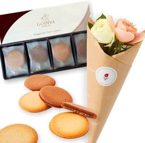 ゴディバクッキーアソートメントとお花4本　Gift for youカード付き
