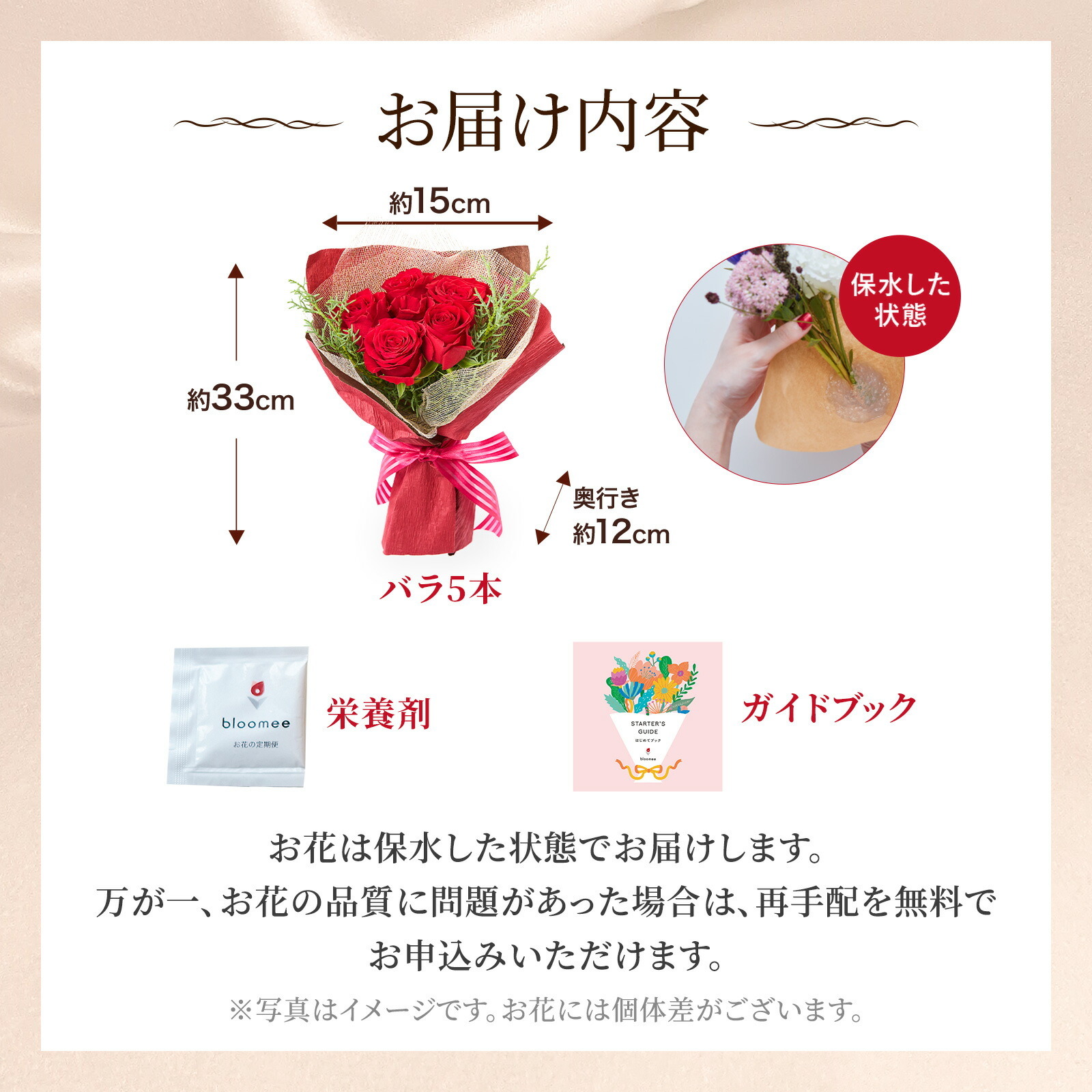 バラ5本のブーケ クリスマスカード付き