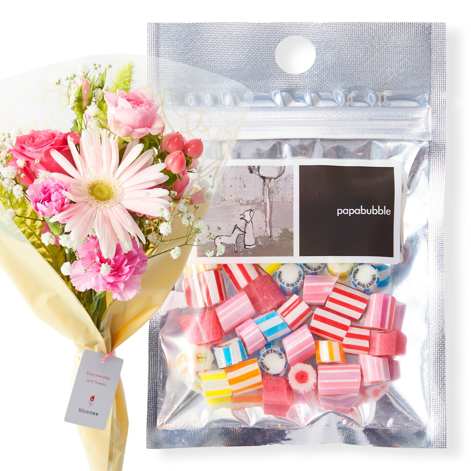 PAPABUBBLE バースデーキャンディー と 季節のお花ブーケ(8本)