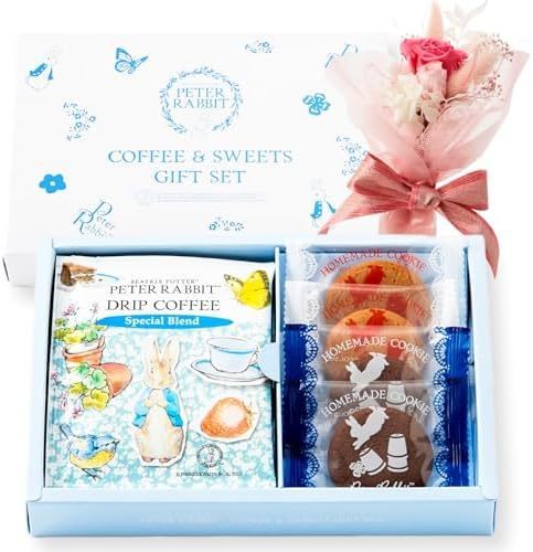 ピーターラビット コーヒー＆スイーツギフト と プリザーブドフラワーミニブーケ Gift for youカード付き