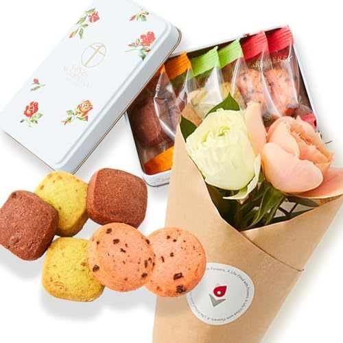 缶入り銀座千疋屋フルーツクッキーと季節のお花4本