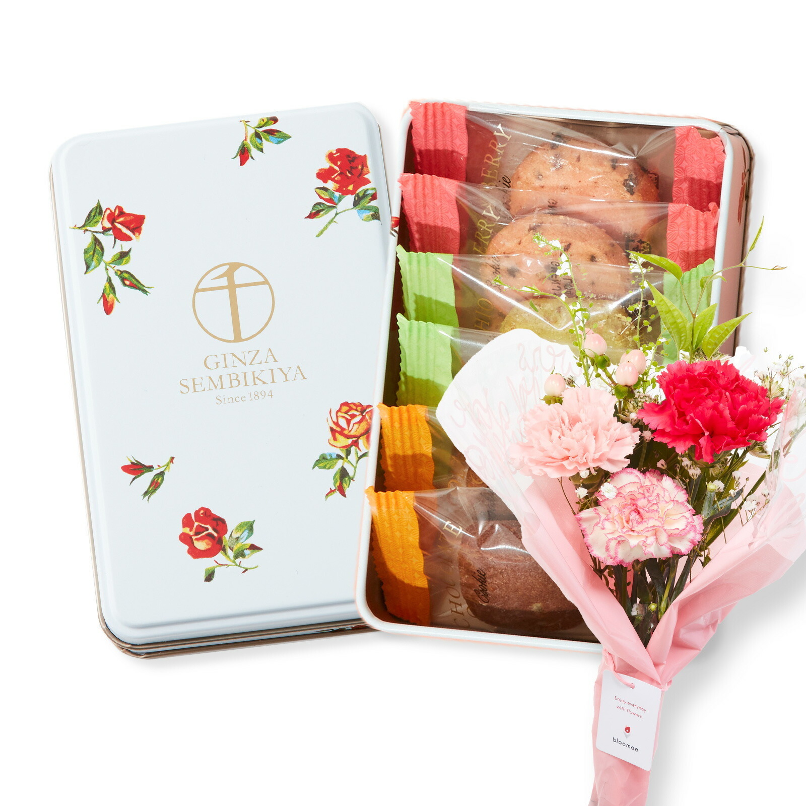 缶入り銀座千疋屋フルーツクッキーと季節のお花8本　Gift for youカード付き