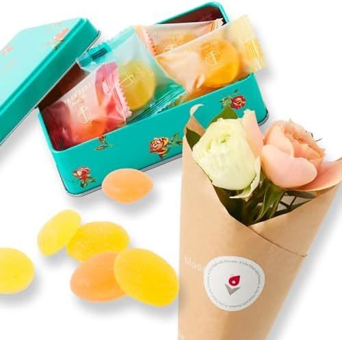 銀座千疋屋 缶入りひとくちフルーツゼリー と 季節のお花ブーケ(4本)