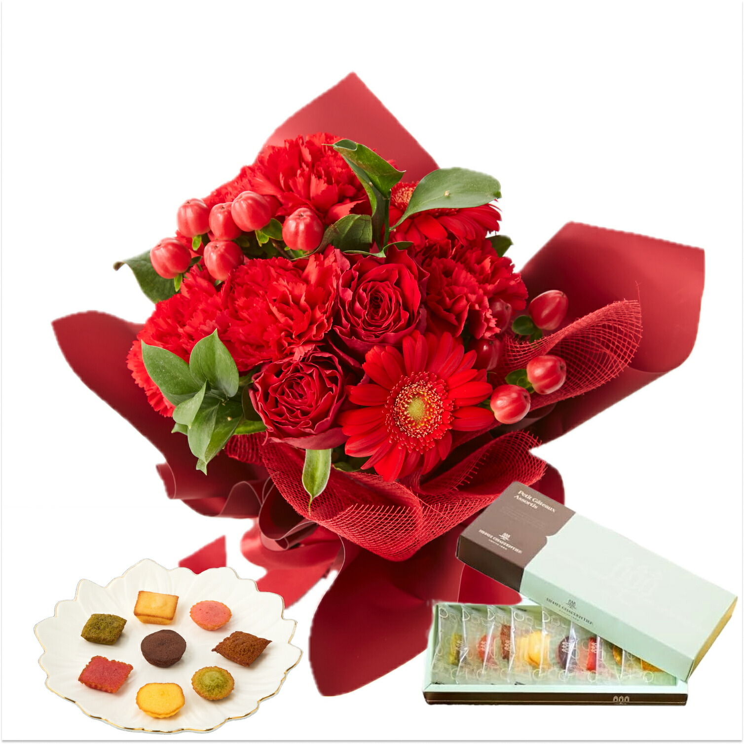 そのまま飾れるブーケ(赤色、Sサイズ) と アンリ・シャルパンティエ プティ・ガトー・アソルティ のセット