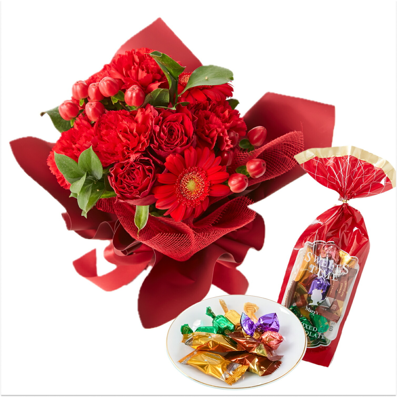 そのまま飾れるブーケ(赤色、Sサイズ) と メリーチョコレート チョコレートミックス のセット