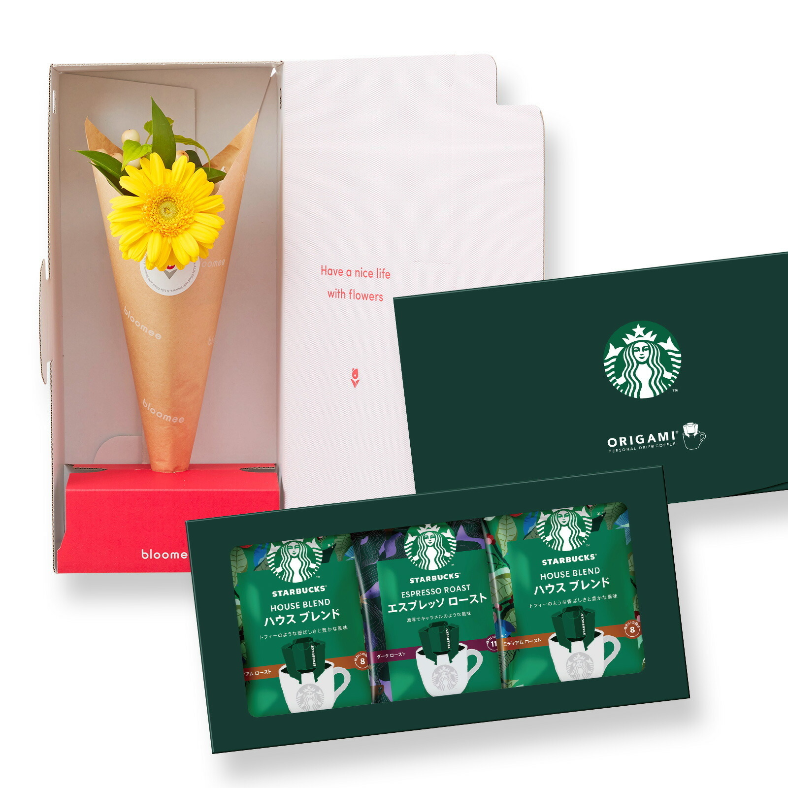 スターバックス オリガミ パーソナルドリップ と 季節のお花ブーケ(3本) Gift for youカード付き