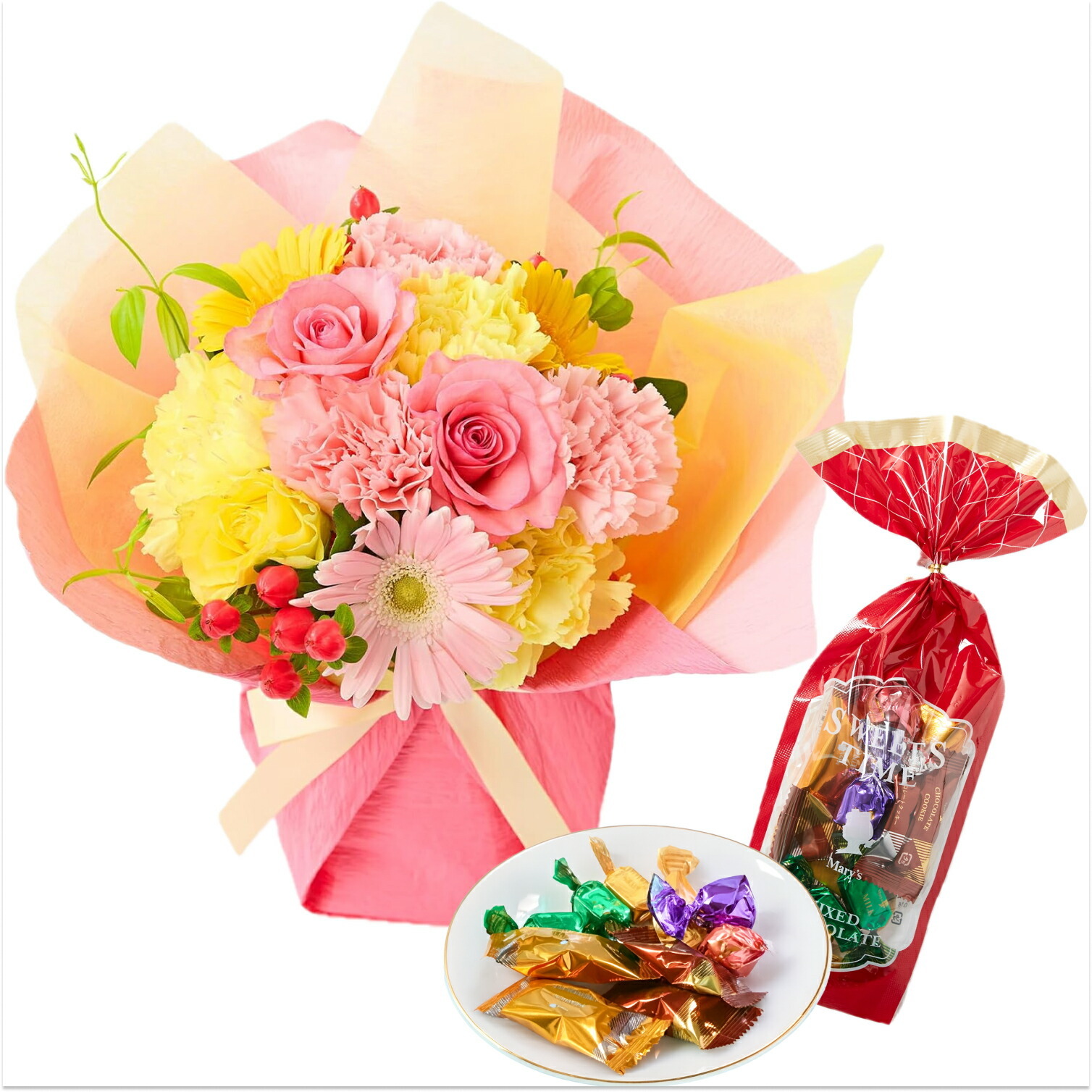 そのまま飾れるブーケ(カラフル、Mサイズ) と メリーチョコレート チョコレートミックス のセット